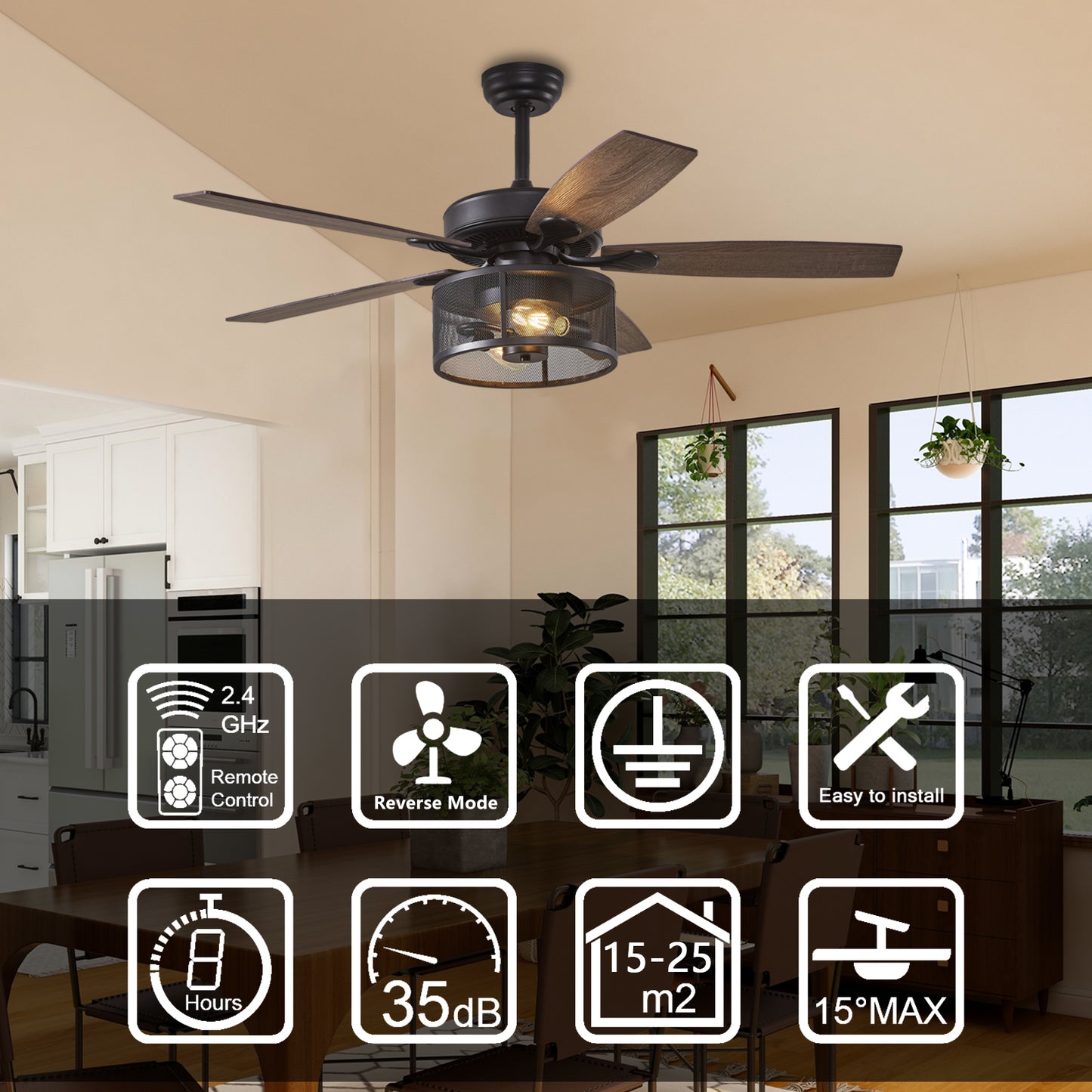 52" Indoor Solid Wood Black Retro Ceiling Fan With Lights With Remote Control
