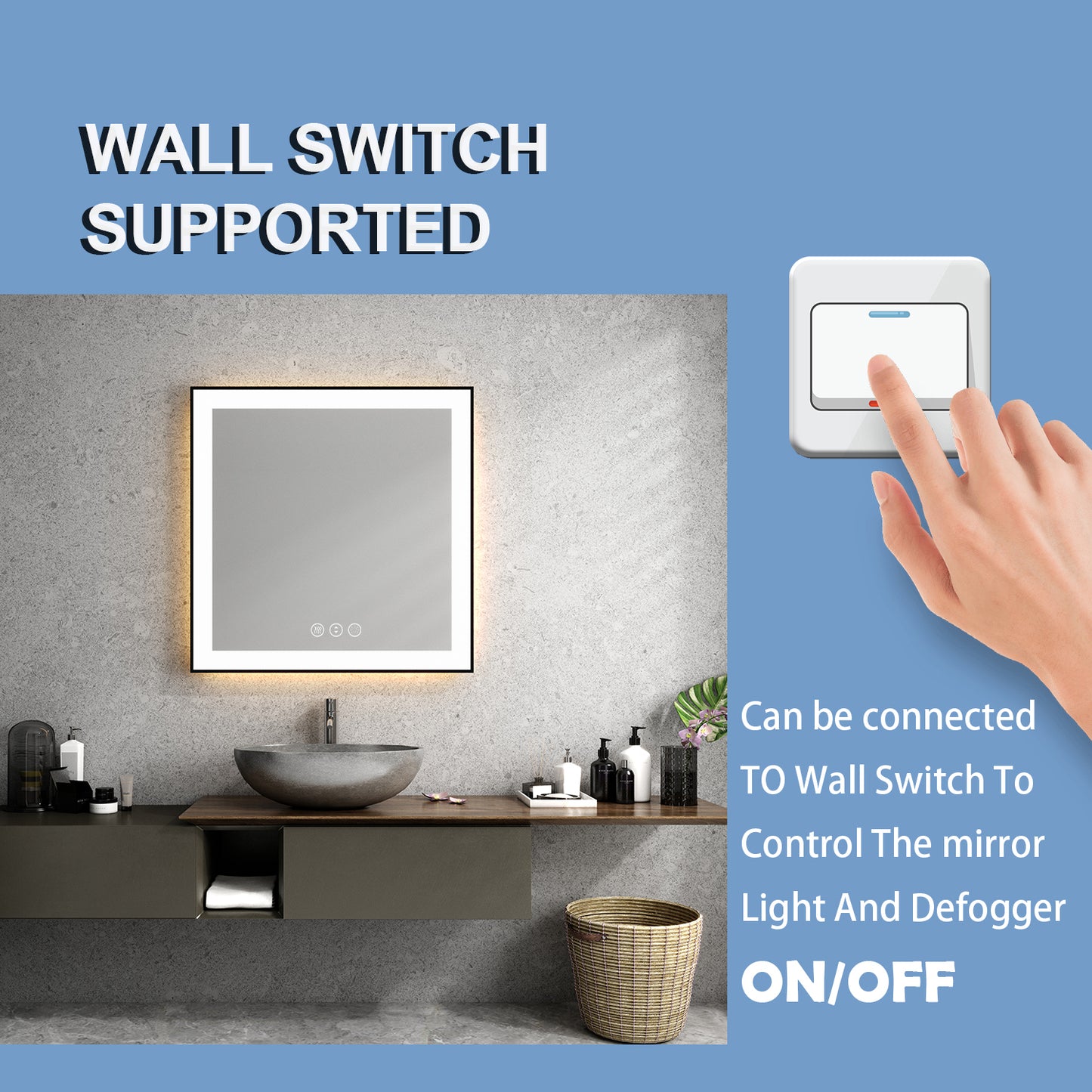 36'' W x 36'' H LED Bathroom Mirror, Fog Free, Dimmable, Black Frame, Front Light & Backlit