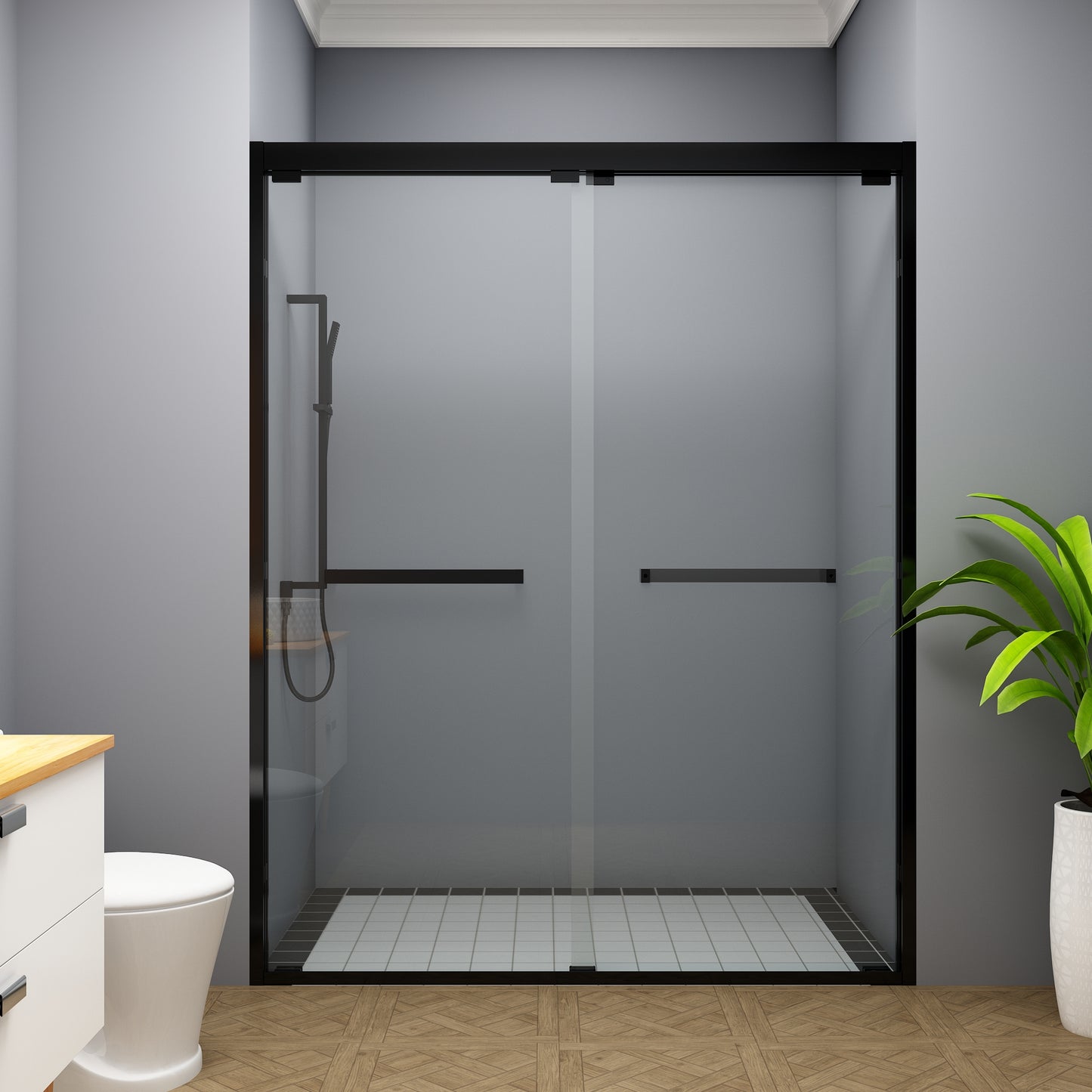 56-60 in. W x 76 in. H Sliding Semi-Frameless Shower Door Matte Black Clear Glass
