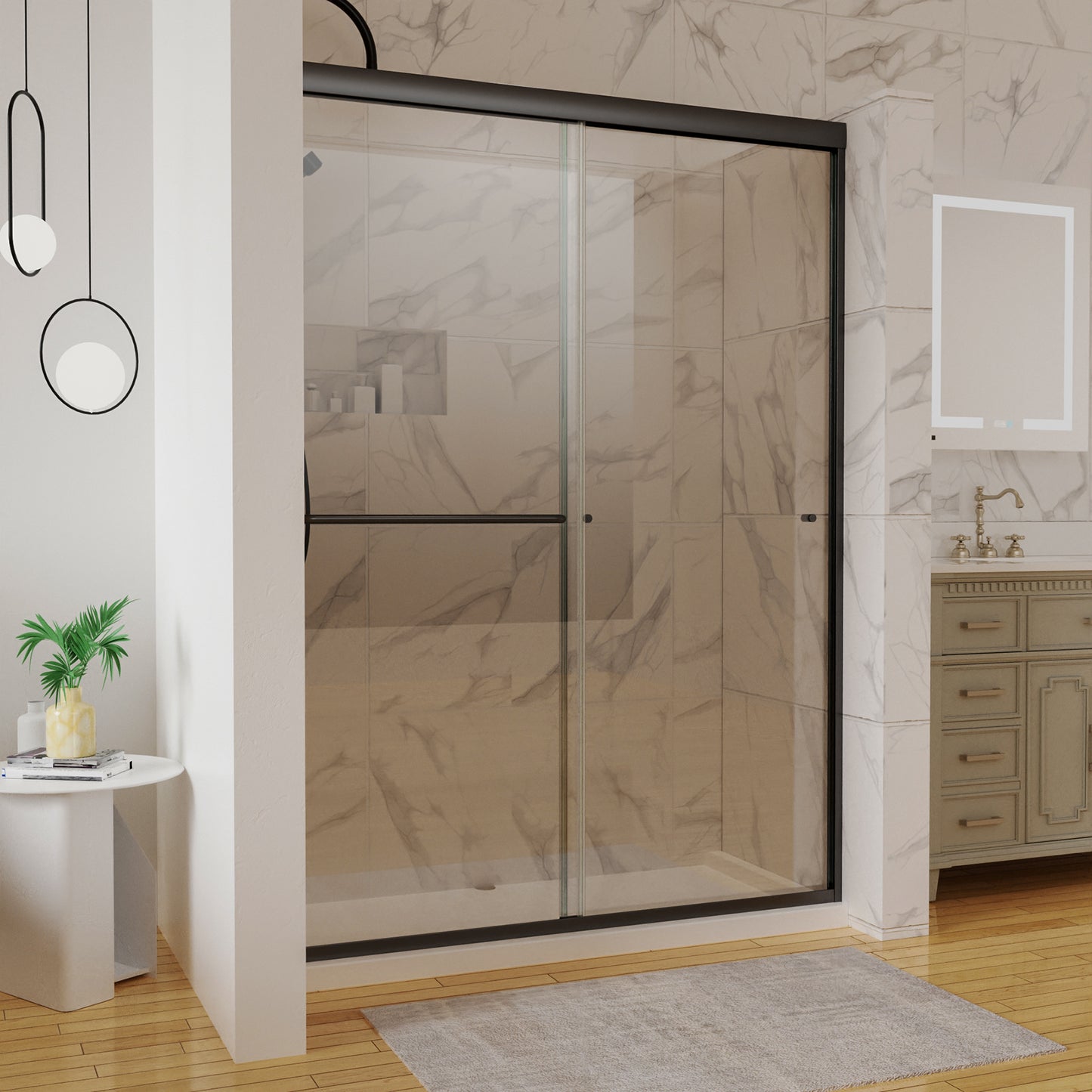 Toolkiss Semi Frameless Sliding Shower Door Shower Base Kit, Double Sliding, Matte Black