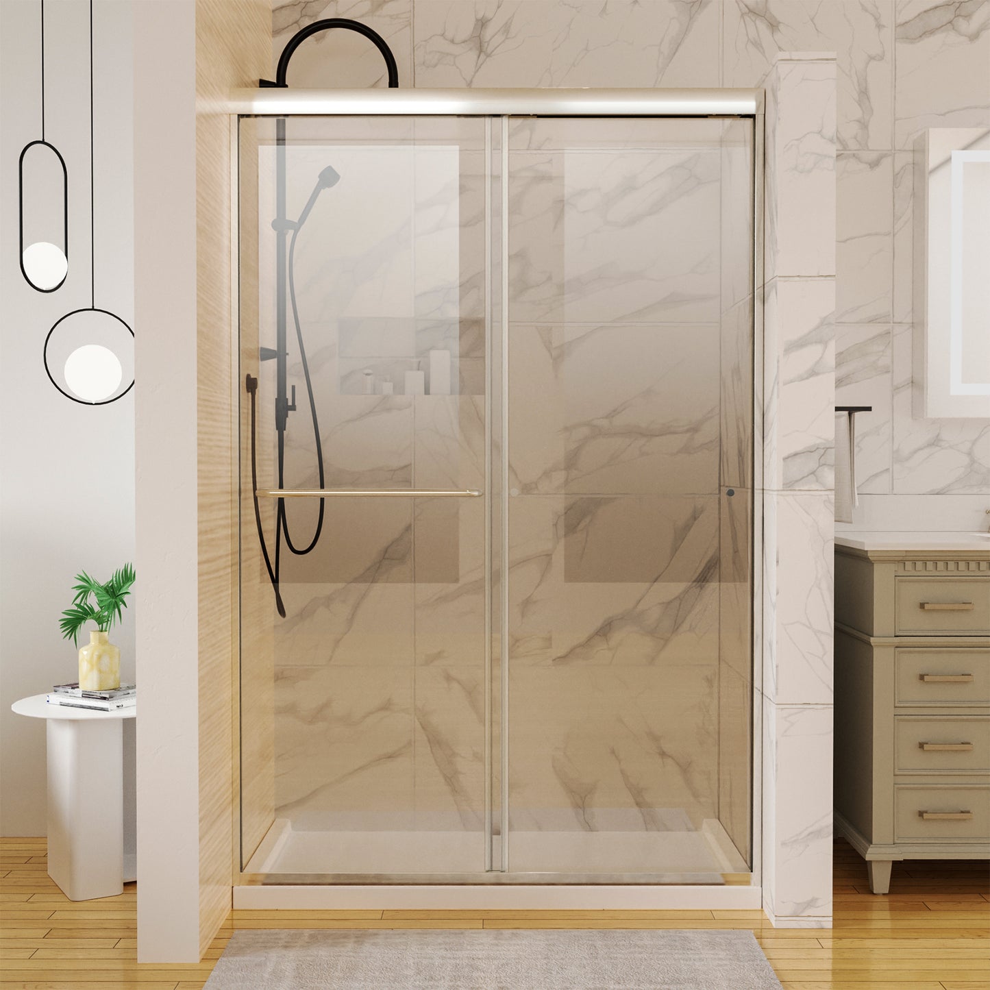 Toolkiss 46’’ to 48’’W x72’’H Semi Frameless Sliding Shower Door, Double Sliding, Brush Nickel