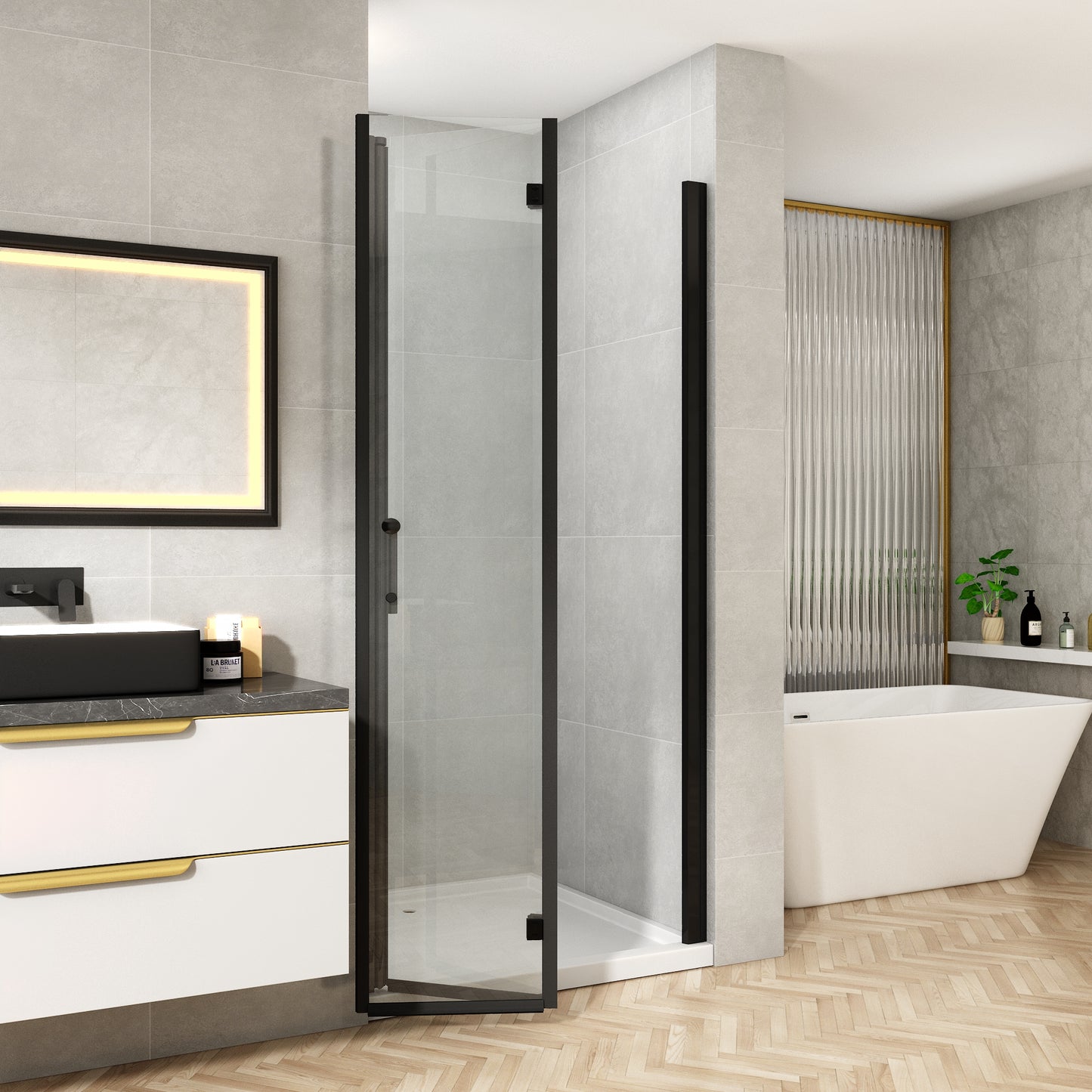 36-37 1/4'' in. W x 72 in. H Bi-Fold Minimalist Frameless Shower Door Matte Black Clear Glass