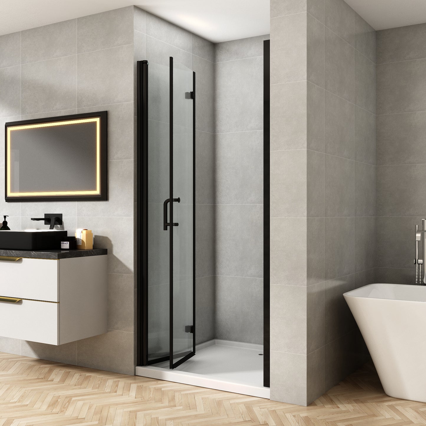 36-37 1/4'' in. W x 72 in. H Bi-Fold Minimalist Frameless Shower Door Matte Black Clear Glass