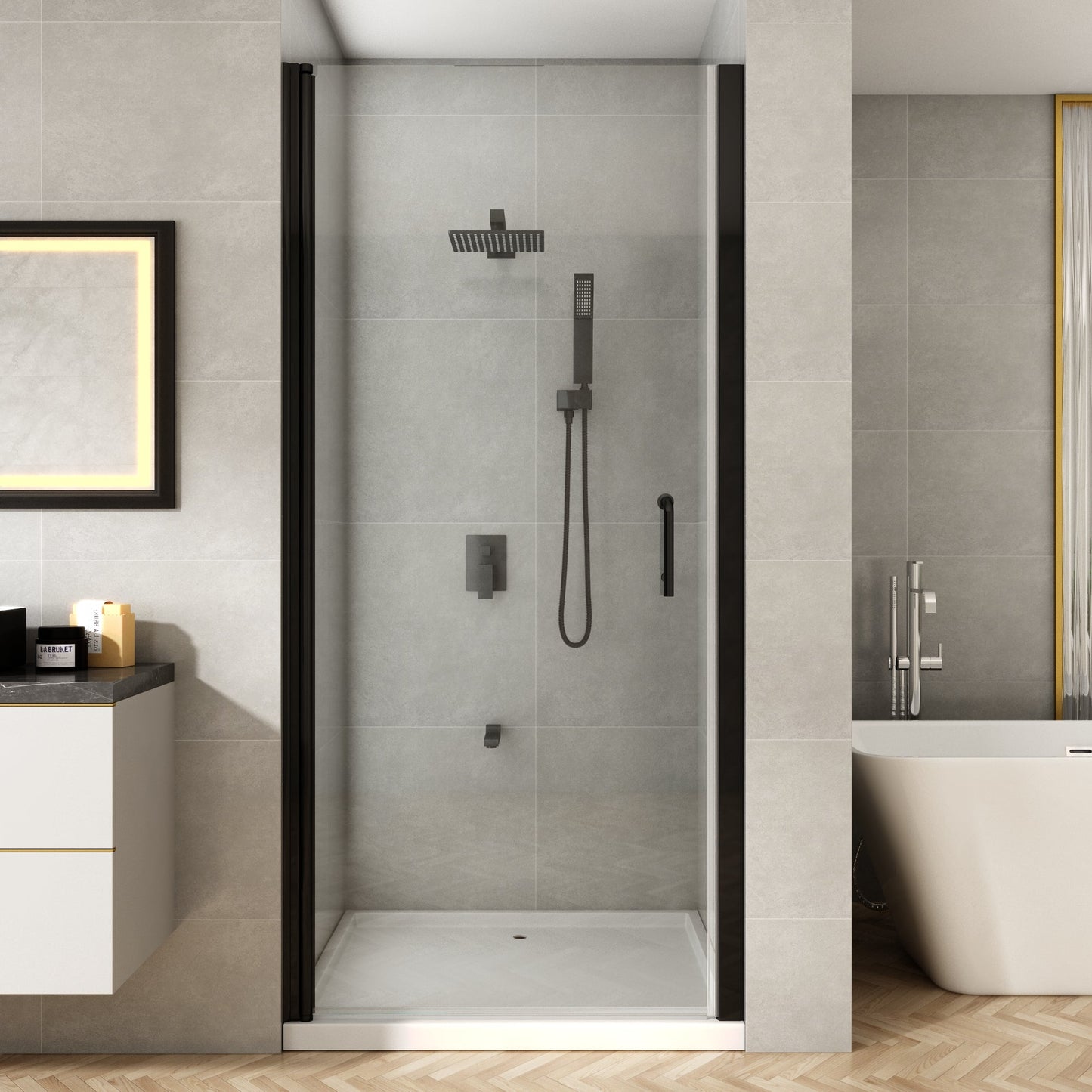 36-37 1/4'' in. W x 72 in. H Pivot Swing Minimalist Frameless Shower Door Matte Black Clear Glass