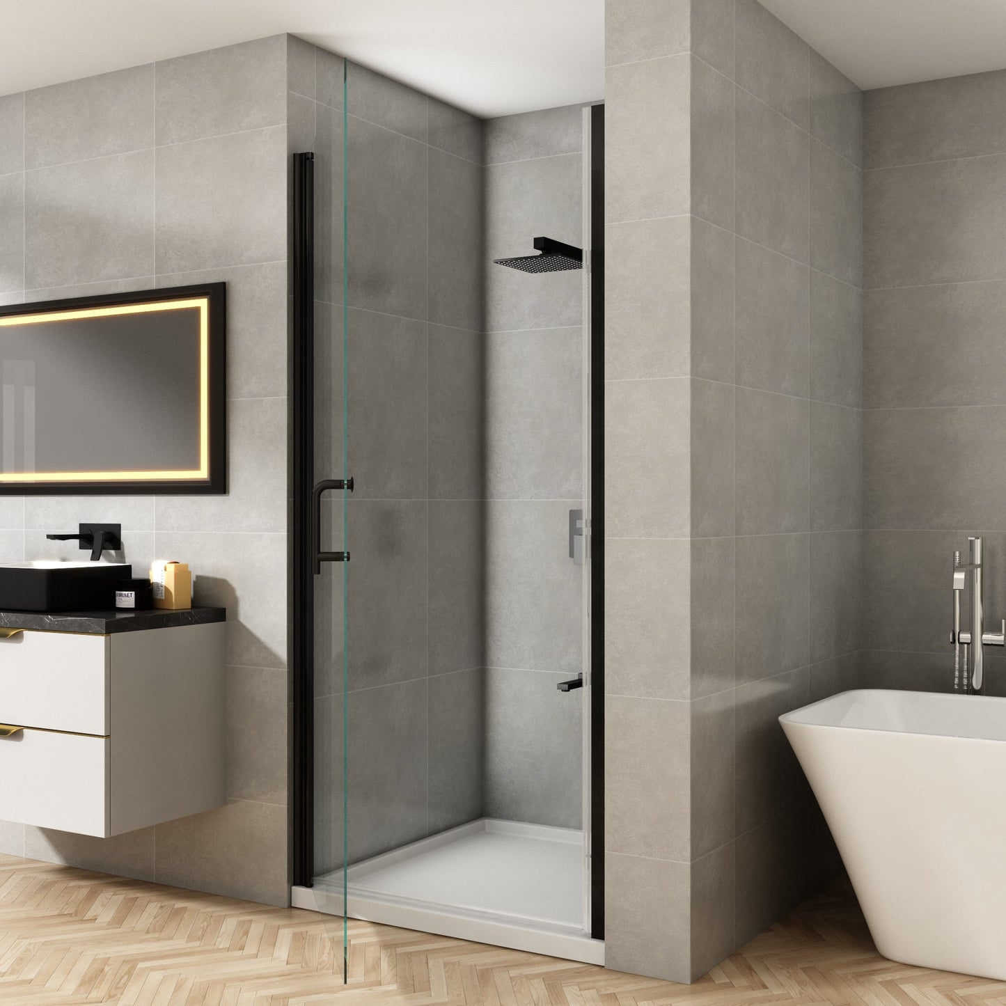 32-33 1/4'' in. W x 72 in. H Pivot Swing Minimalist Frameless Shower Door Matte Black Clear Glass