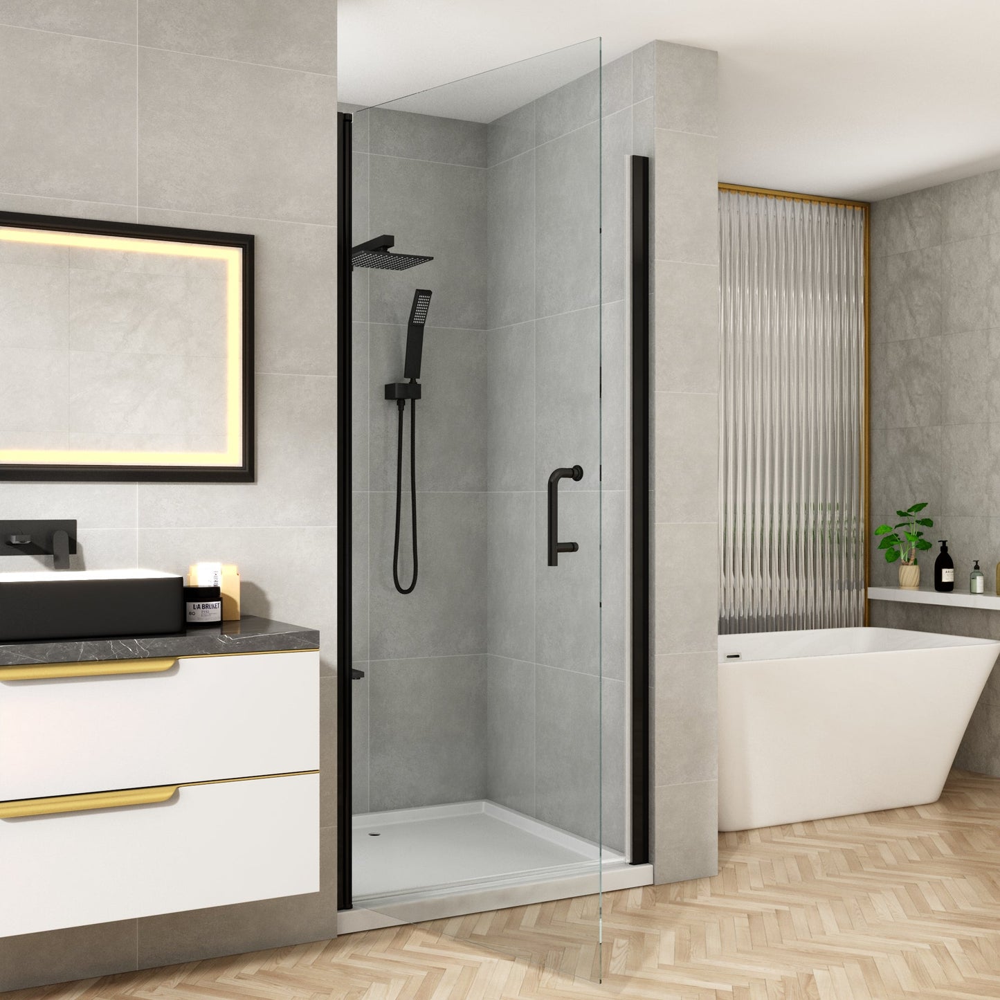 32-33 1/4'' in. W x 72 in. H Pivot Swing Minimalist Frameless Shower Door Matte Black Clear Glass