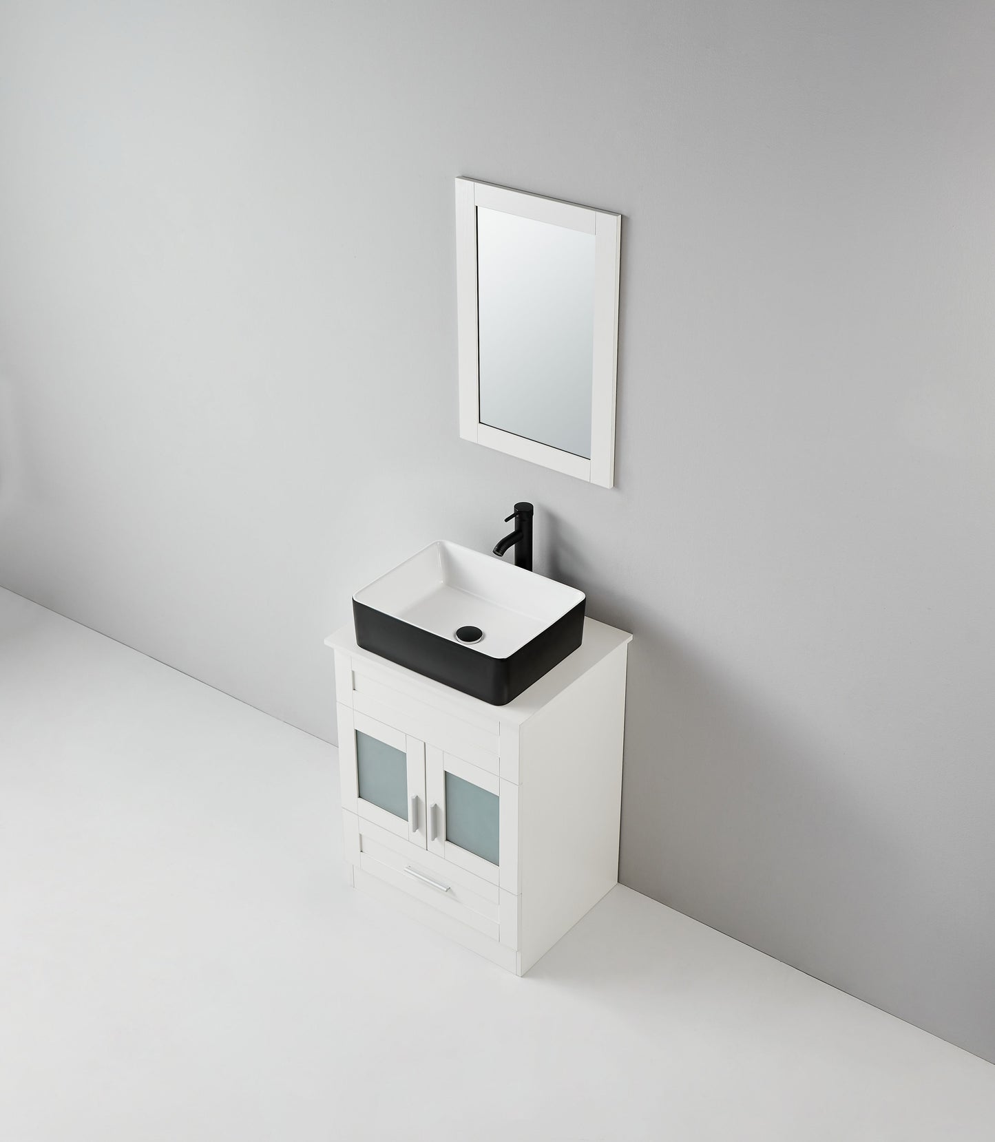 24 in.W x 19 in.D x 32.3 in.H White Wooden Minimalist Bathroom Cabinet with Square Black Ceramic Sink, Faucet, Mirror