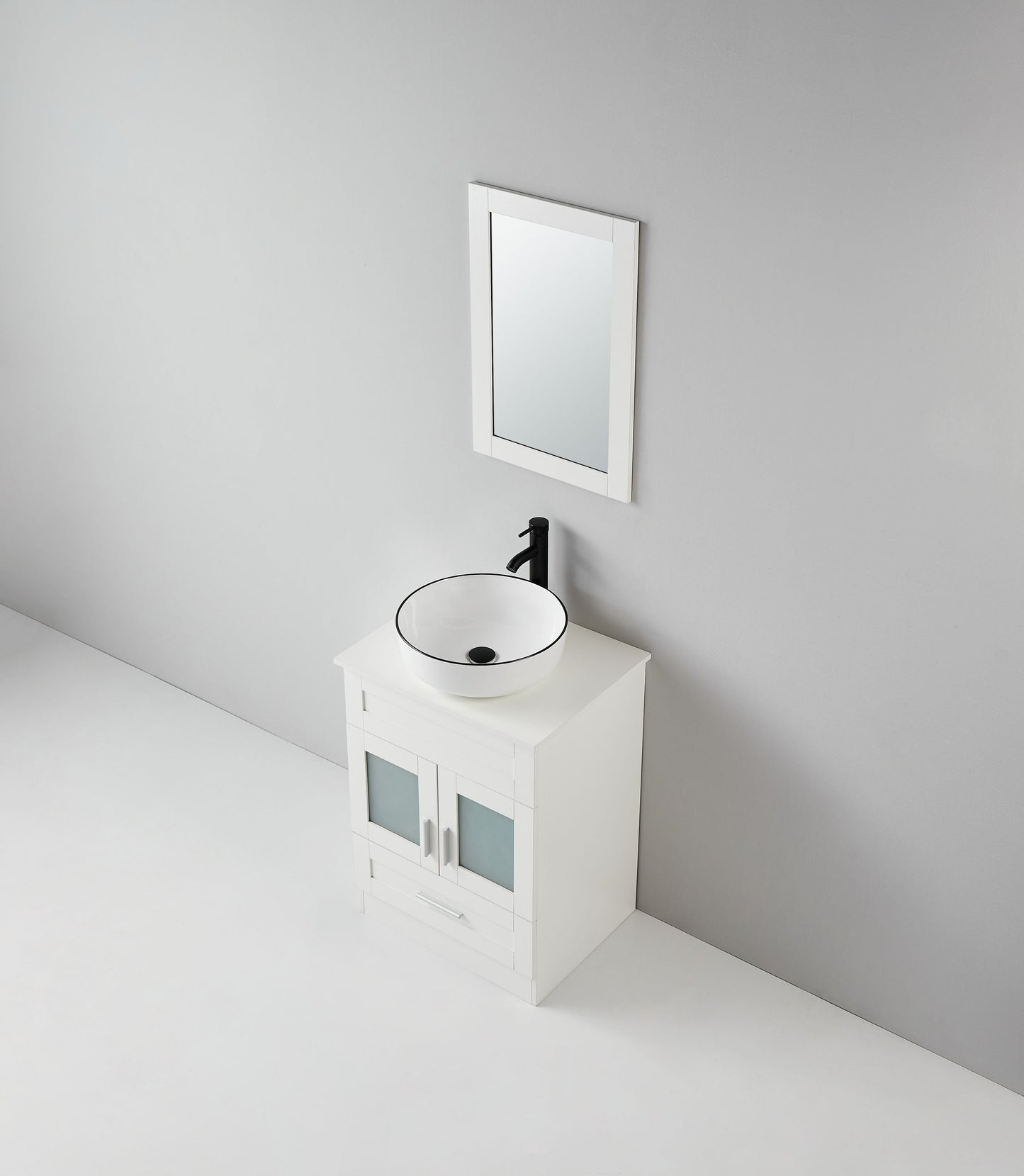 24 in.W x 19 in.D x 32.3 in.H White Wooden Minimalist Bath Cabinet with Round White Ceramic Sink, Faucet, Mirror