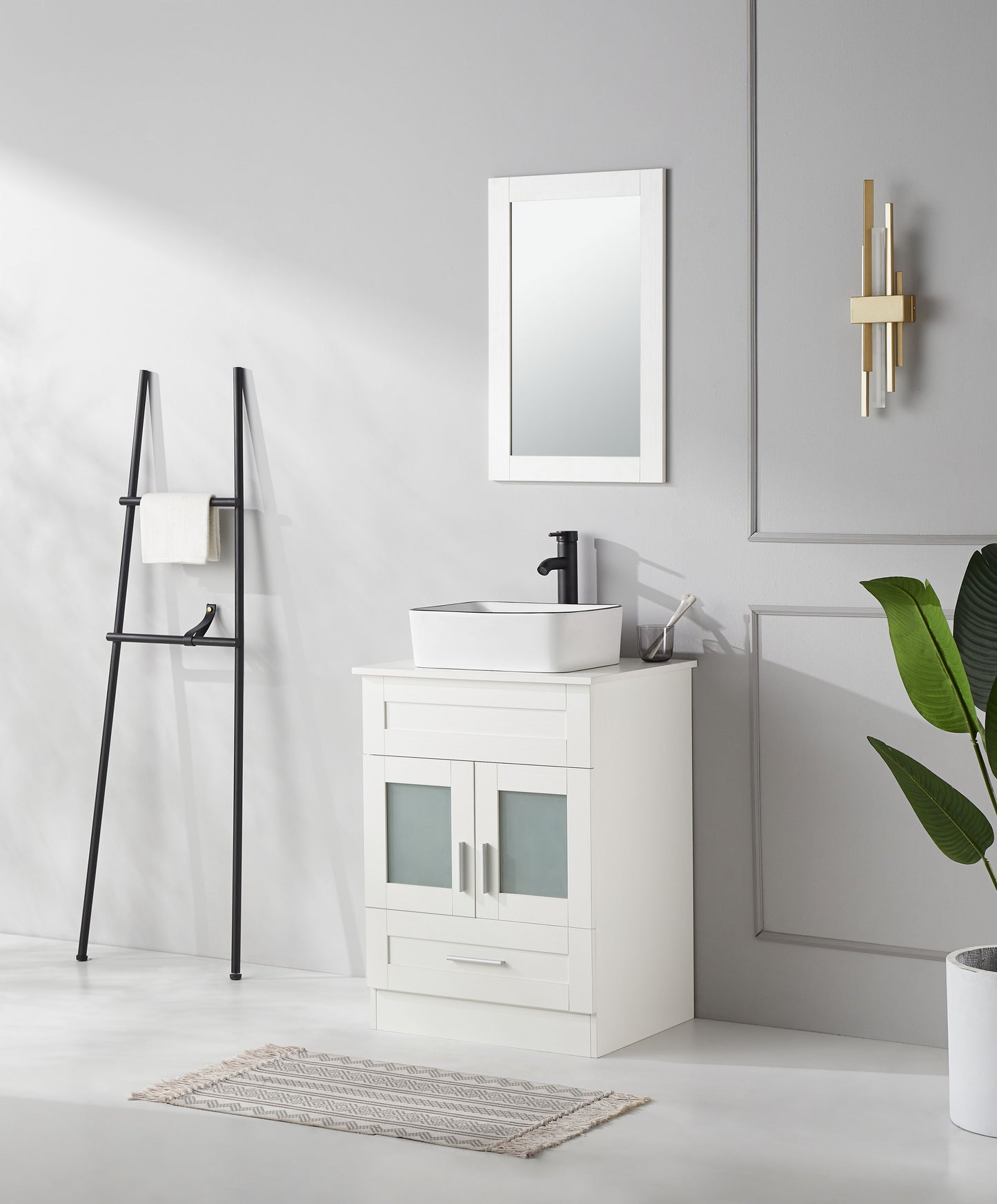 24 in.W x 19 in.D x 32.3 in.H White Wooden Minimalist Bathroom Cabinet with Square White Ceramic Sink, Faucet, Mirror