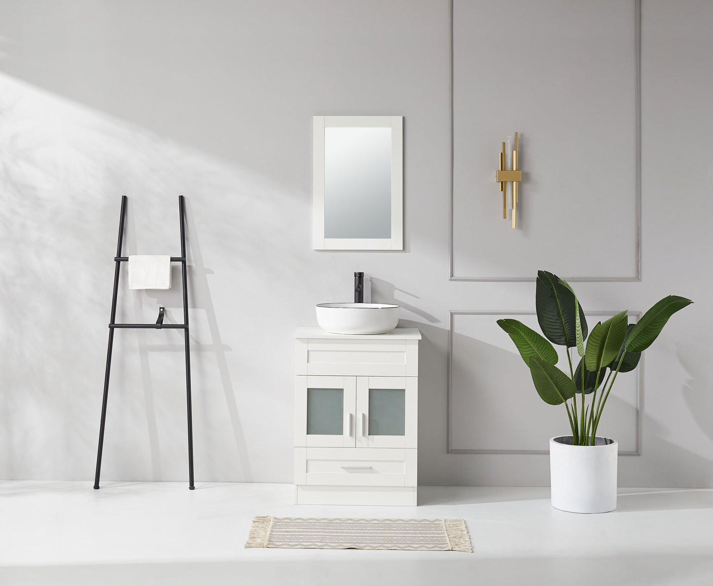 24 in.W x 19 in.D x 32.3 in.H White Wooden Minimalist Bath Cabinet with Round White Ceramic Sink, Faucet, Mirror
