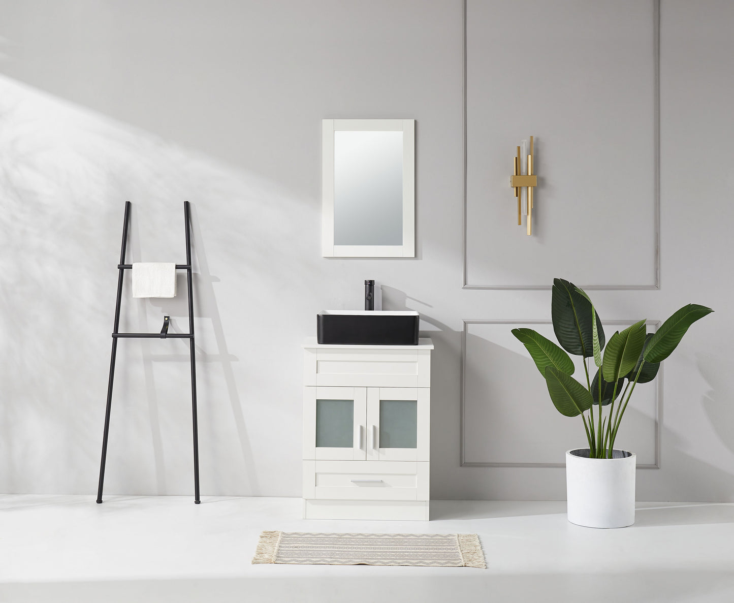 24 in.W x 19 in.D x 32.3 in.H White Wooden Minimalist Bathroom Cabinet with Square Black Ceramic Sink, Faucet, Mirror