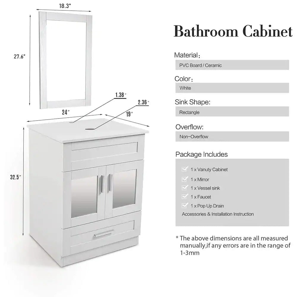 24 in.W x 19 in.D x 32.3 in.H White Wooden Minimalist Bathroom Cabinet with Square Black Ceramic Sink, Faucet, Mirror