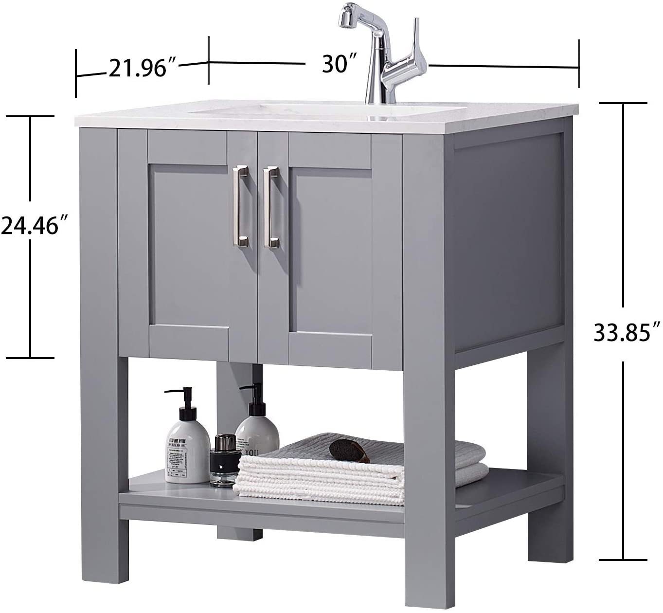 30 Inch Gray Bathroom Vanity with Sink&Cabinet, Modern Bathroom Sink Vanity with Marble Countertop and White Ceramic Sink