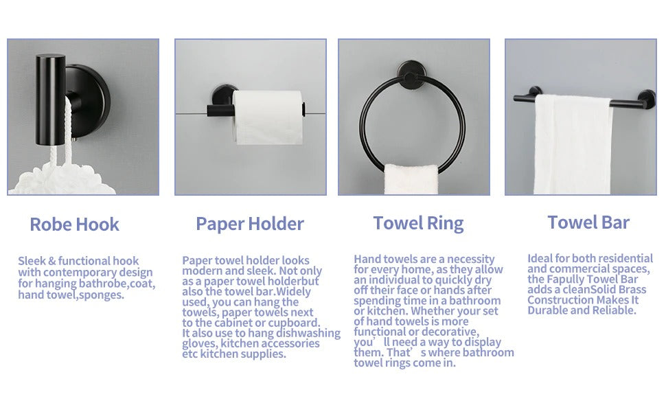 6-Piece Bath Hardware Set, Towel Bar, Toilet Paper Holder, Towel Hook in Matte Black
