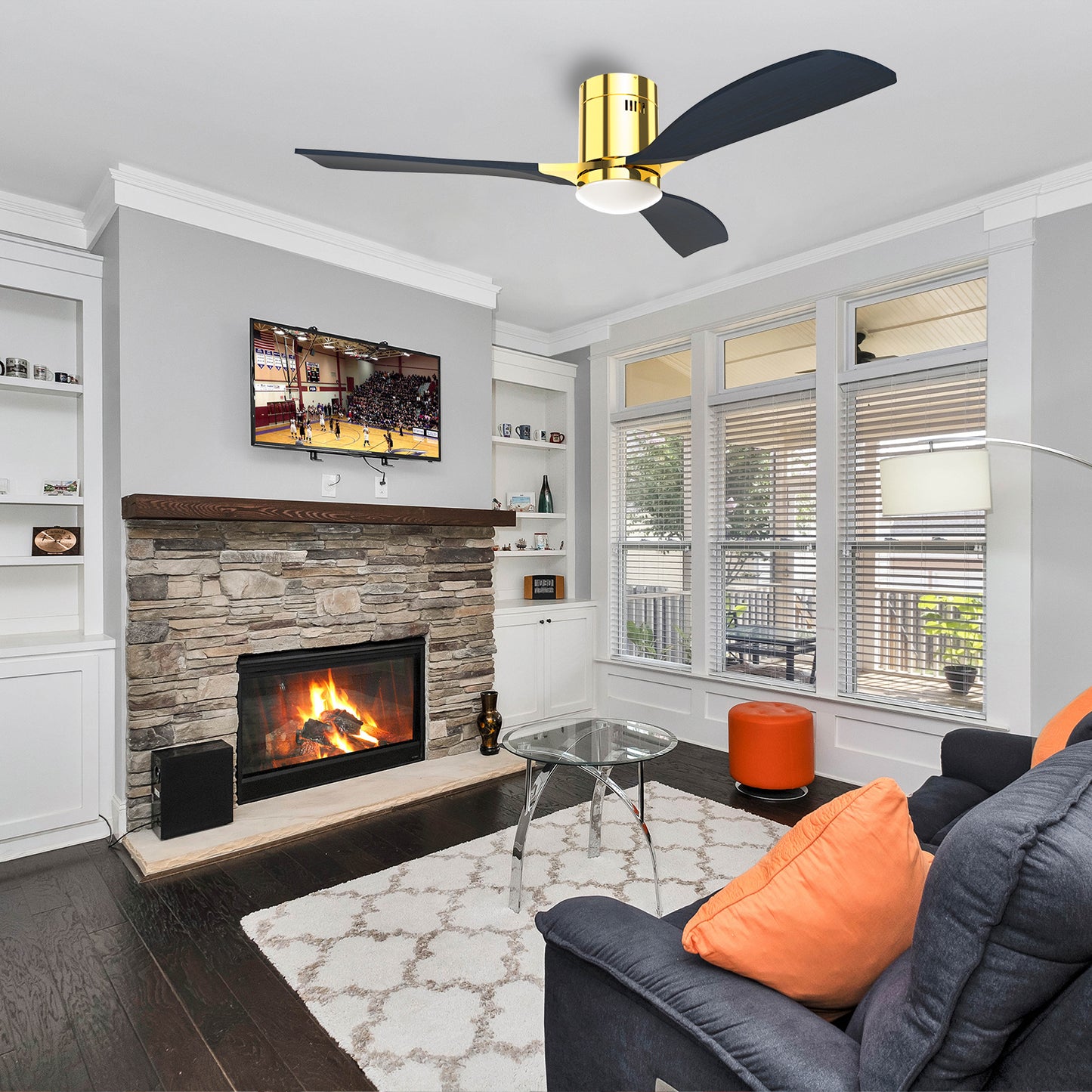 52" Indoor Solid Wood Bright Gold Morden Ceiling Fan With Light With Remote Control
