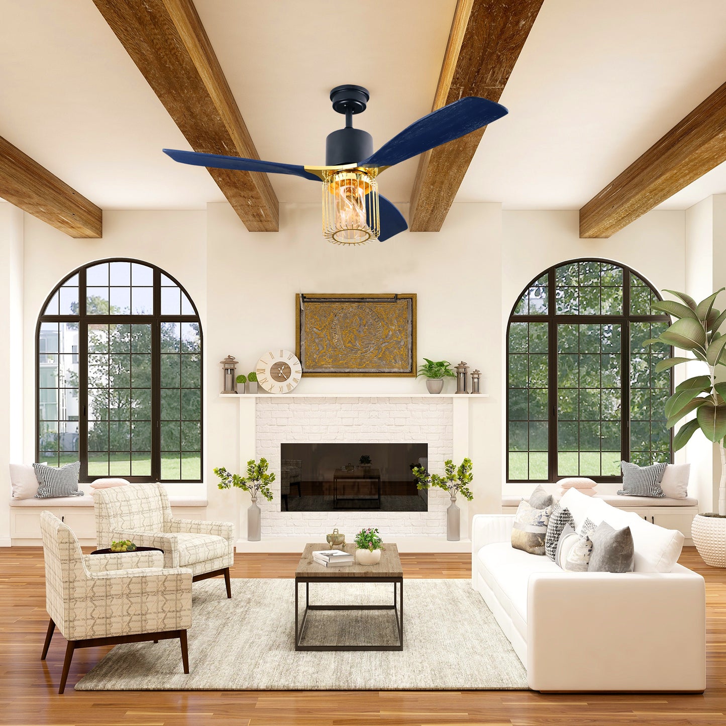 52" Indoor Solid Wood Matte Black Bright Gold Morden Ceiling Fan With Light And Remote Control