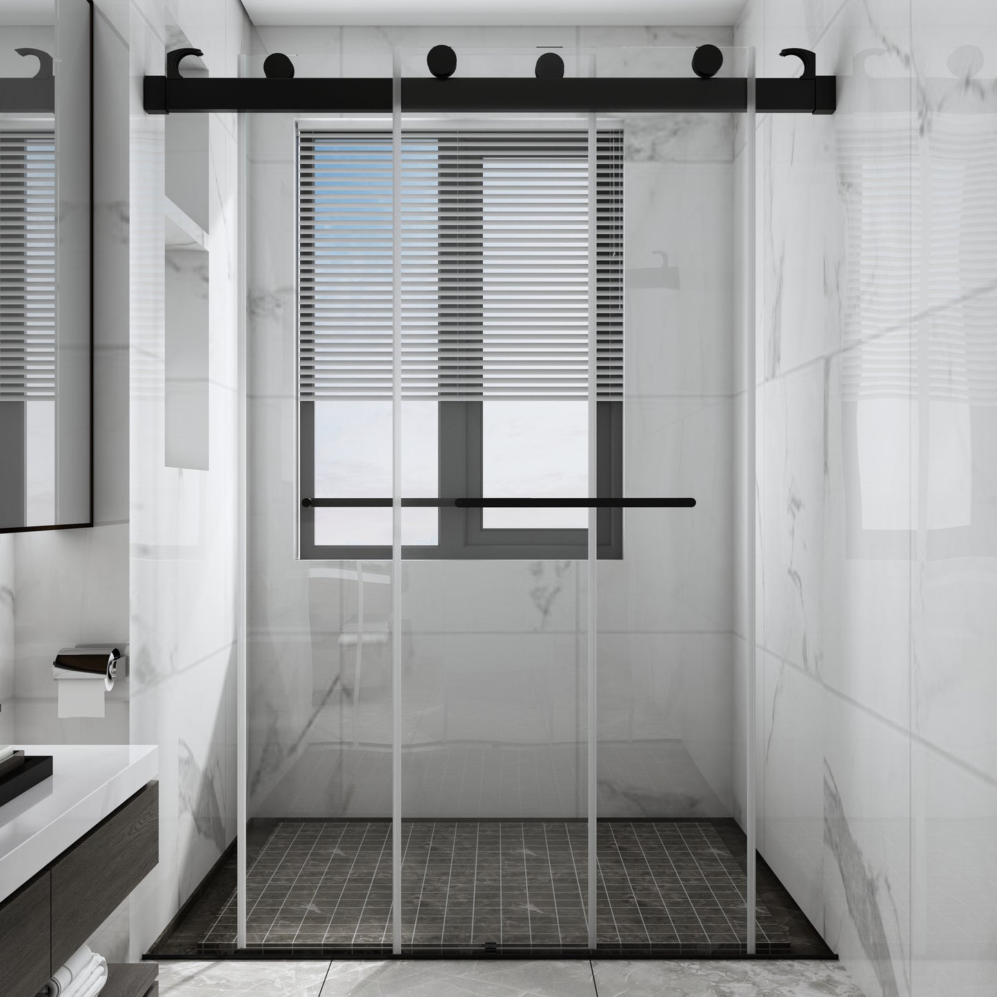 60 in. W x 76 in. H Sliding Frameless Shower Door Matte Black Clear Glass