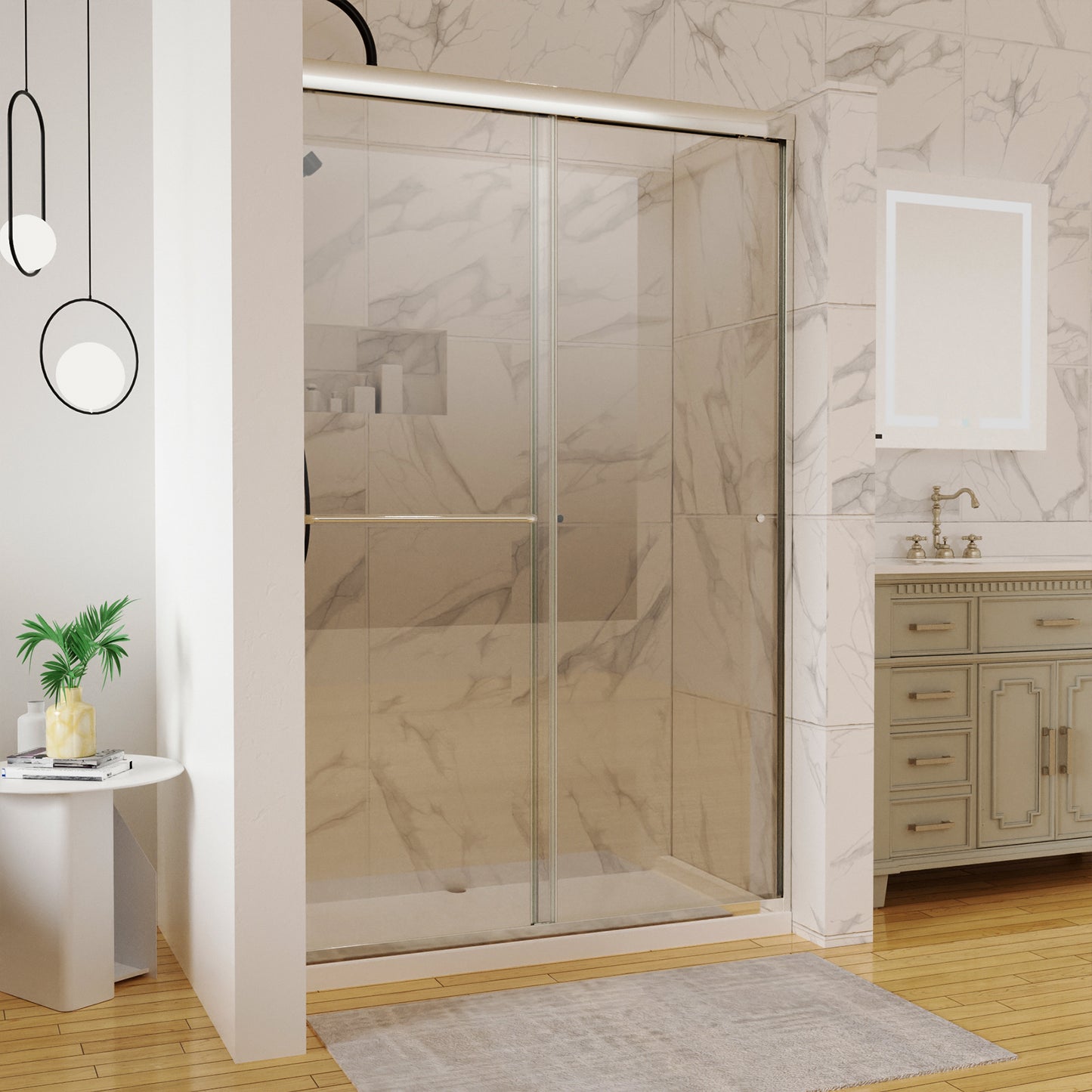 Toolkiss 46’’ to 48’’W x72’’H Semi Frameless Sliding Shower Door, Double Sliding, Brush Nickel
