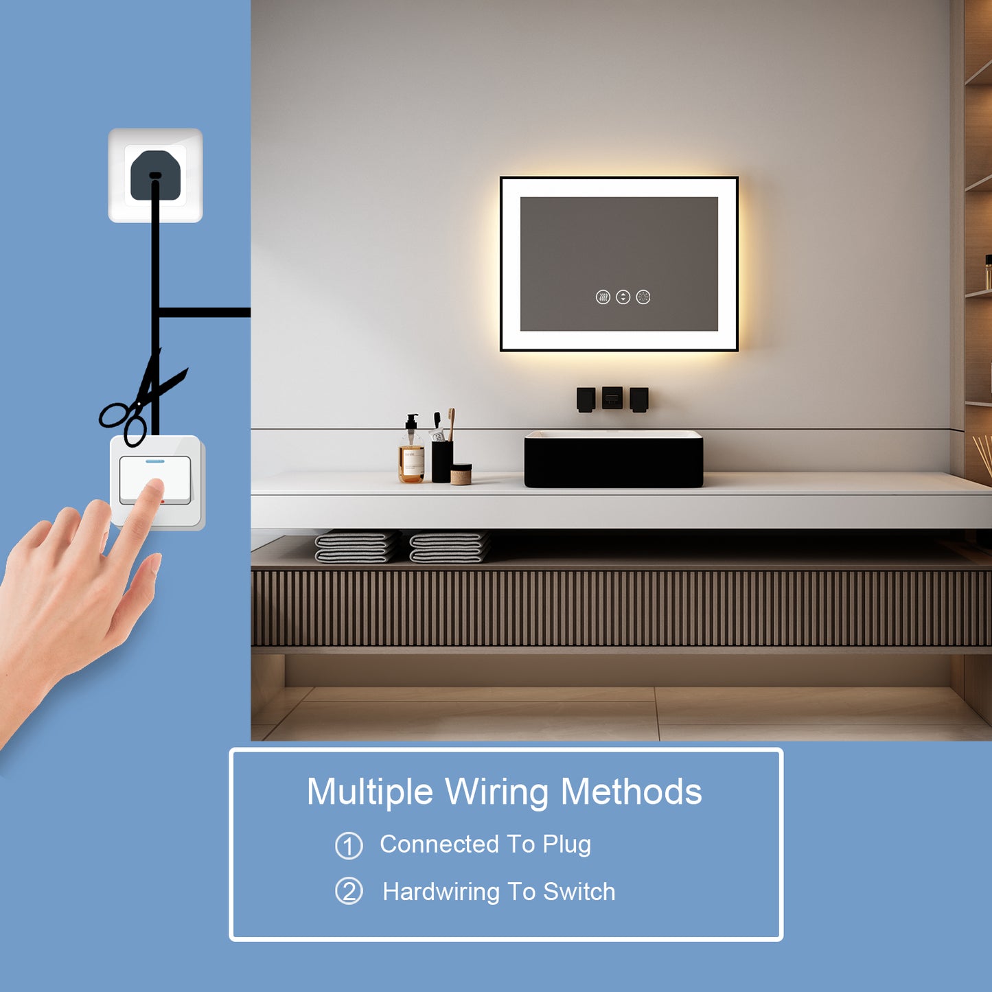 32'' W x 24'' H LED Bathroom Mirror, Black Framed, Fog Free, Dimmable, Front Light & Backlit