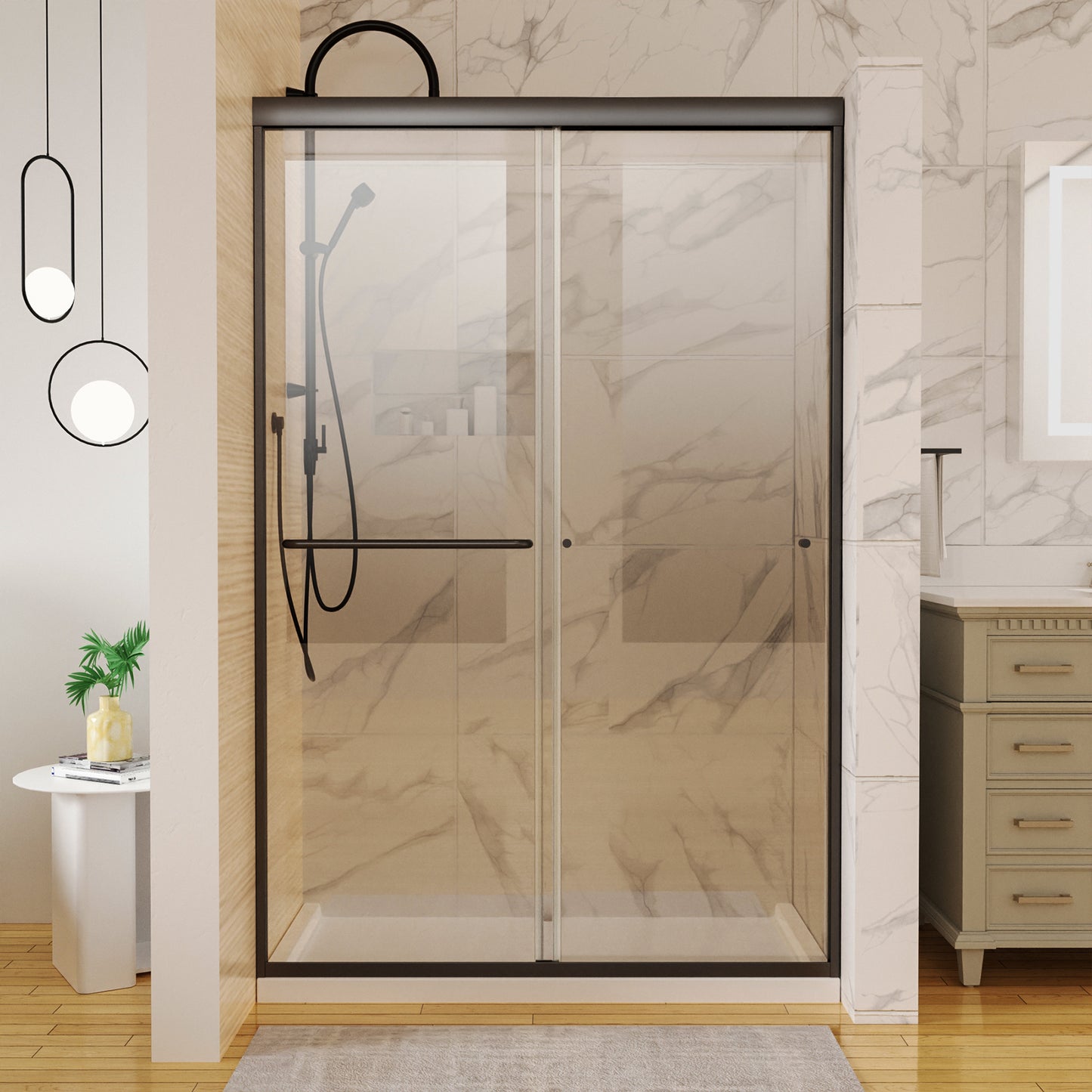 Toolkiss 46’’ to 48’’W x72’’H Semi Frameless Sliding Shower Door, Double Sliding, Matte Black