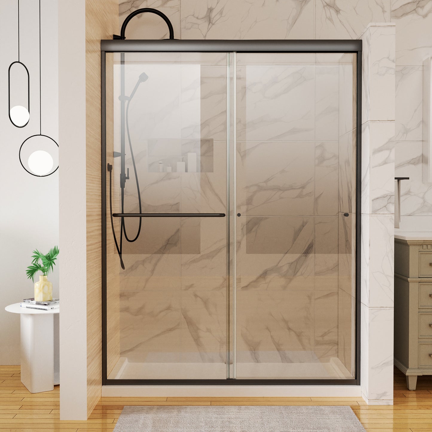 Toolkiss Semi Frameless Sliding Shower Door Shower Base Kit, Double Sliding, Matte Black