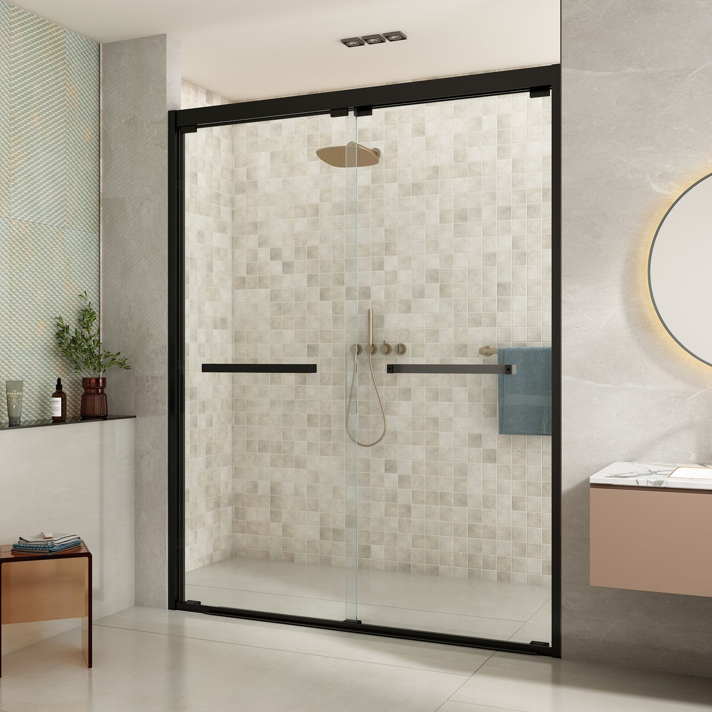 56-60 in. W x 76 in. H Sliding Semi-Frameless Shower Door Matte Black Clear Glass