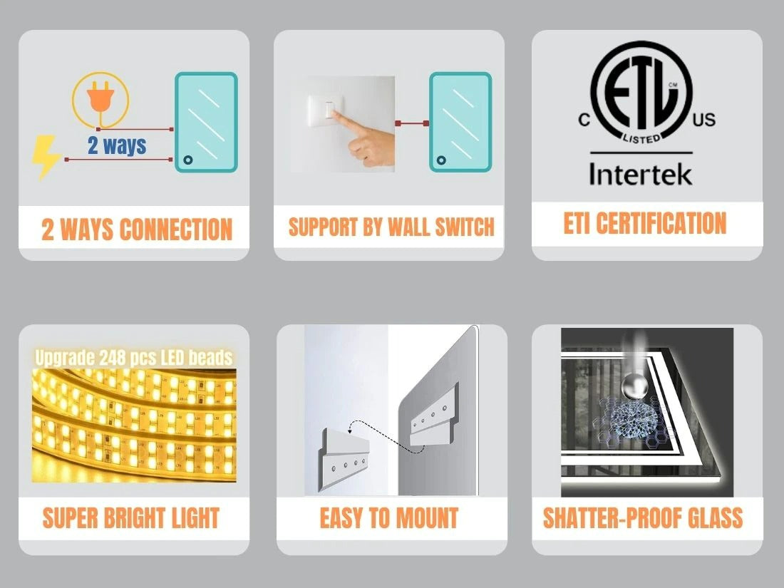 36 in. W x 28 in. H LED Large Rectangular Frameless Anti-Fog Bathroom Mirror Front & Backlit