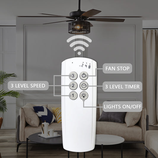 52" Indoor Solid Wood Black Retro Ceiling Fan With Lights With Remote Control