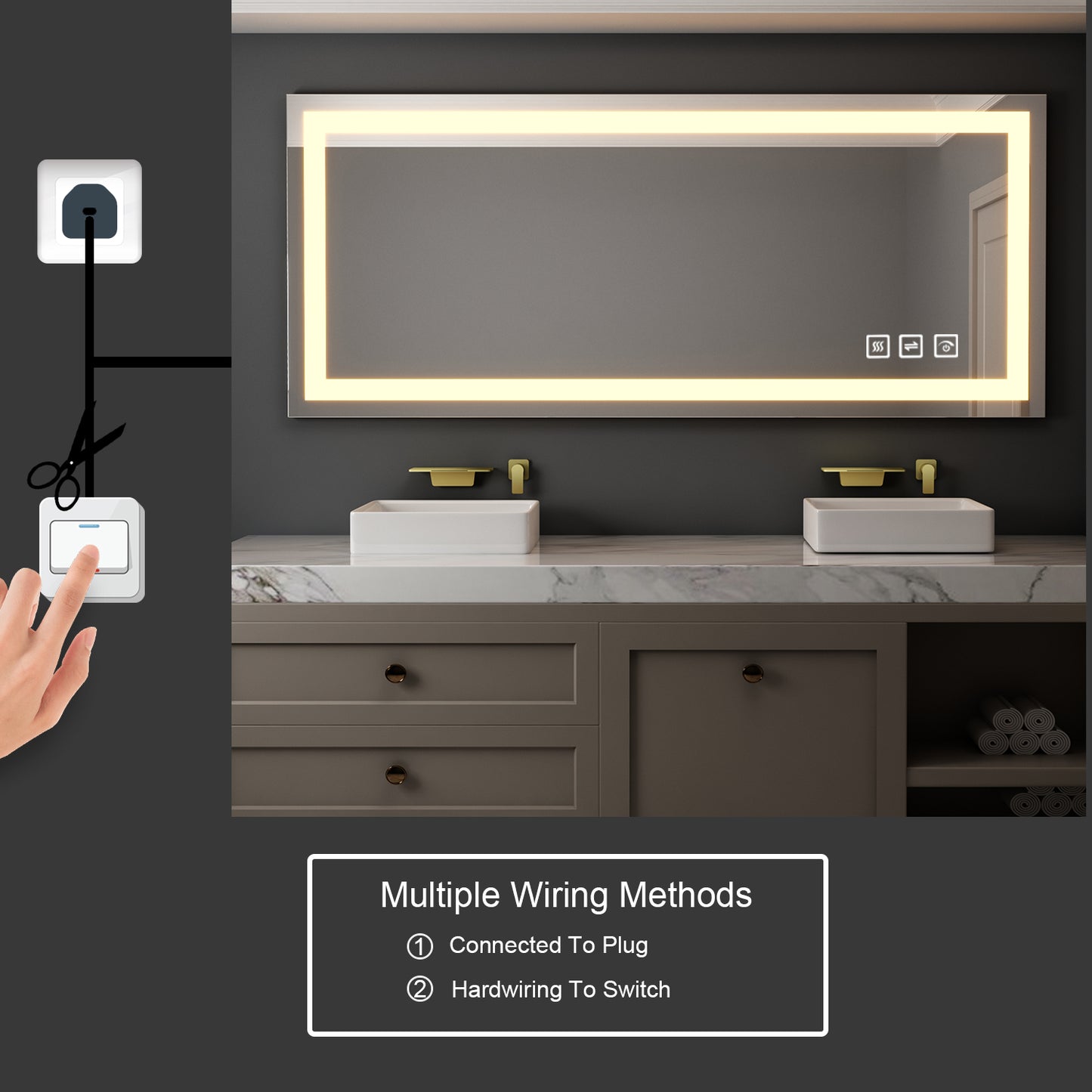 60 in. W x 28 in. H LED Rectangular Frameless Anti-Fog Bathroom Mirror Front Light