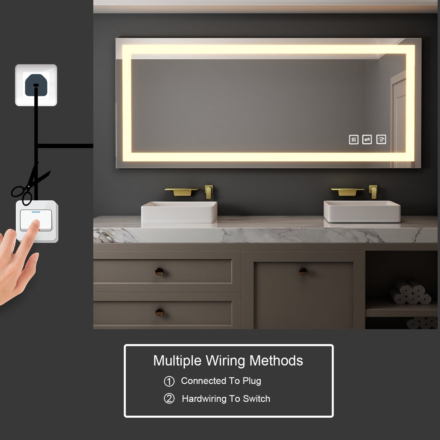 60 in. W x 36 in. H LED Rectangular Frameless Anti-Fog Bathroom Mirror Front Light