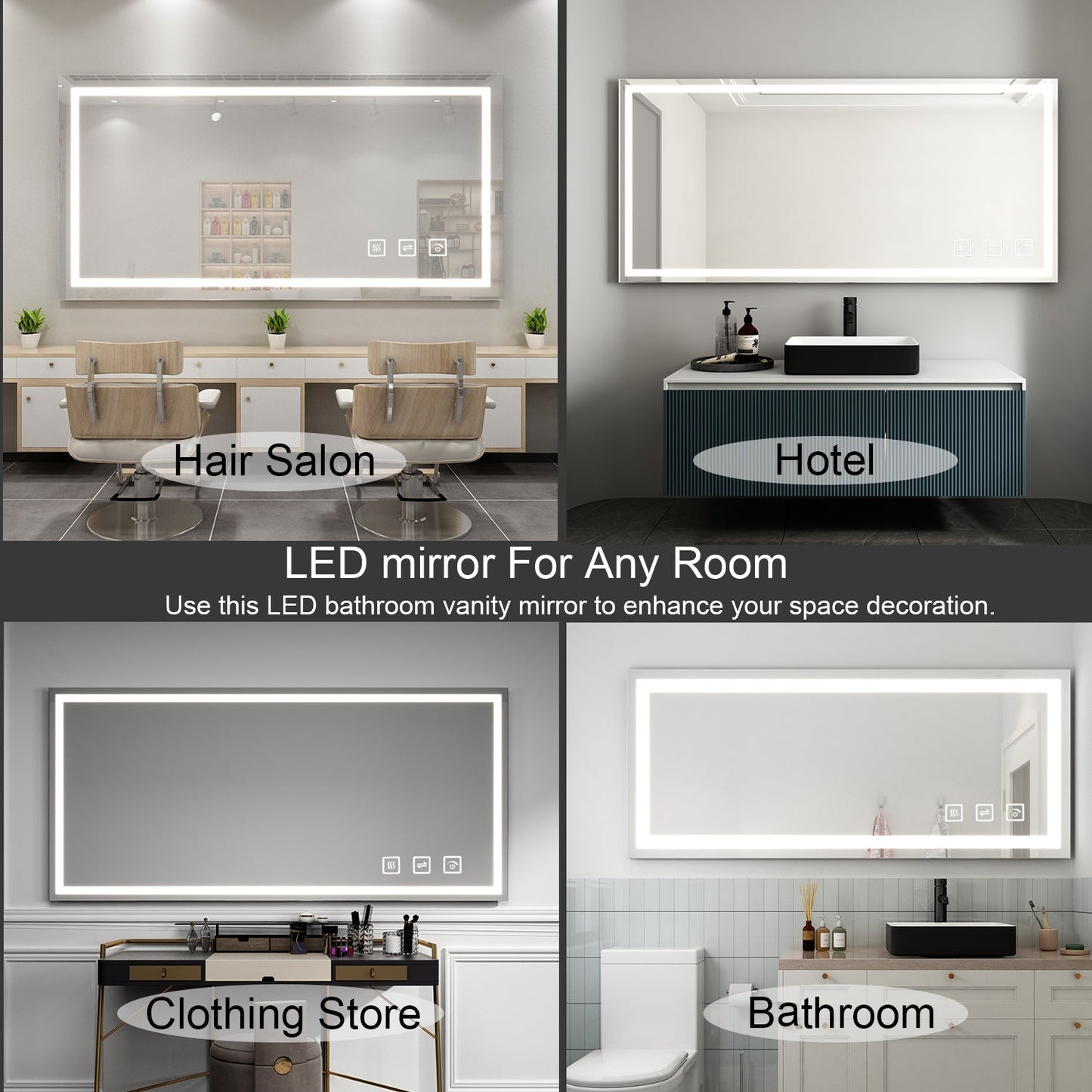 60 in. W x 36 in. H LED Rectangular Frameless Anti-Fog Bathroom Mirror Front Light