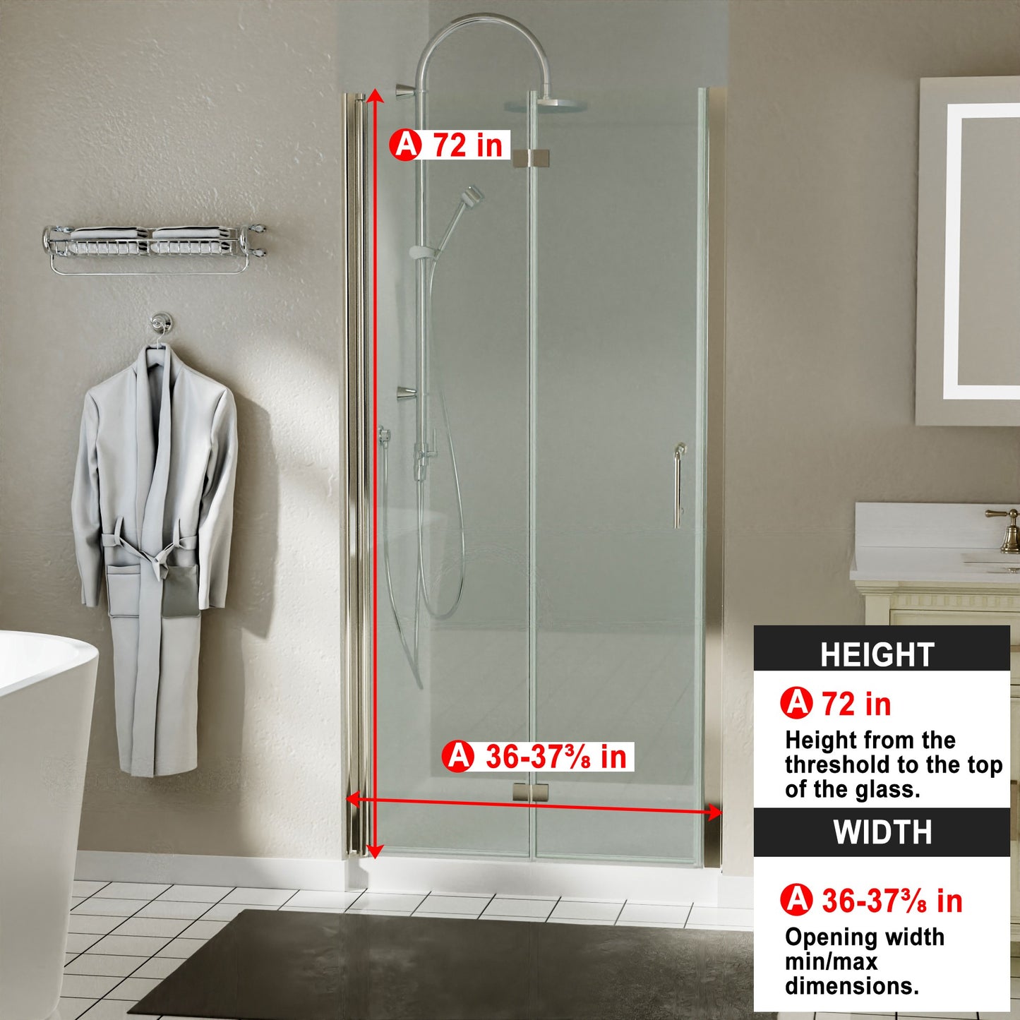 36-37.5 in. W x 72 in. H Bi-Fold Minimalist Frameless Shower Door Brushed Nichel Clear Glass