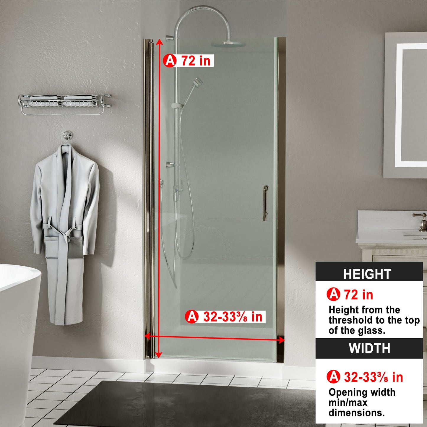 32-33.5 in. W x 72 in. H Pivot Swing Frameless Shower Door Brushed Nichel with Clear Glass
