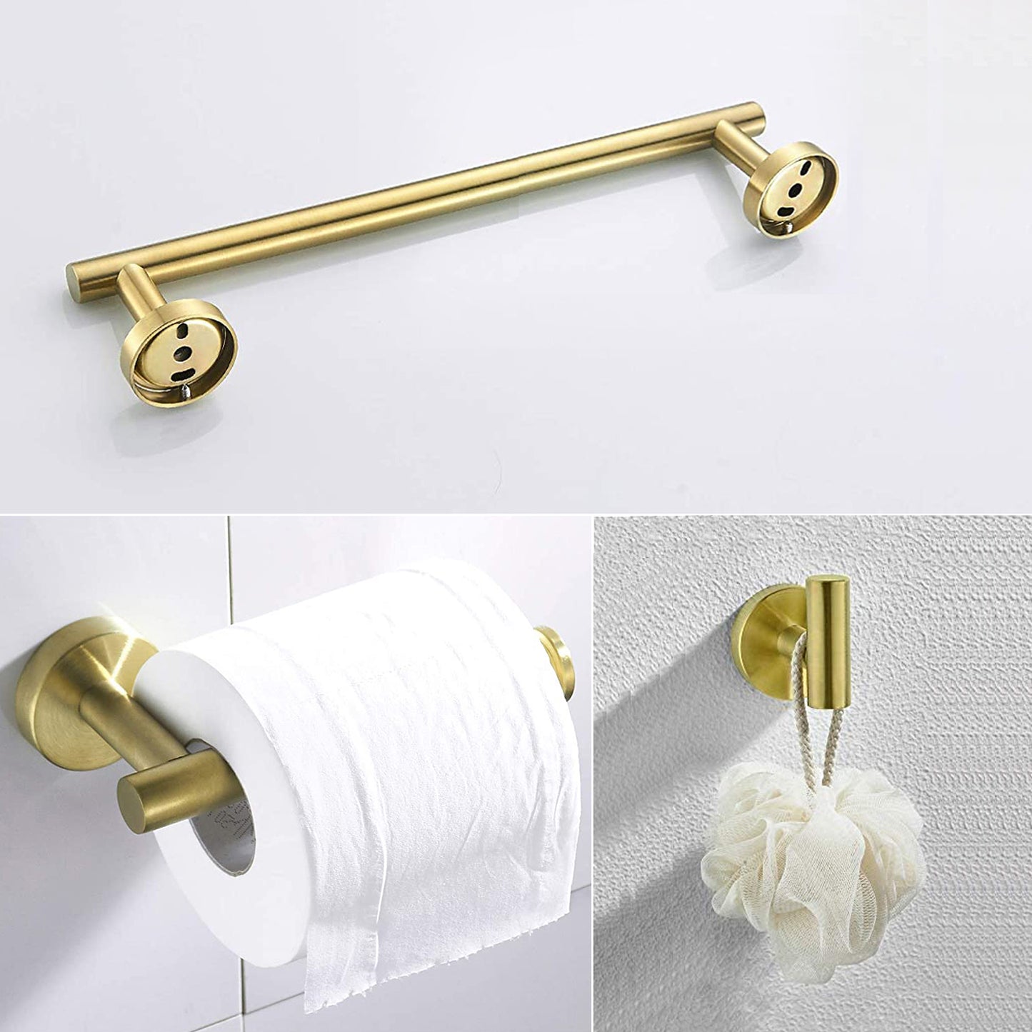 3-Piece Bath Hardware Set with Towel Bar, Toilet Paper Holder and Towel Hook in Gold
