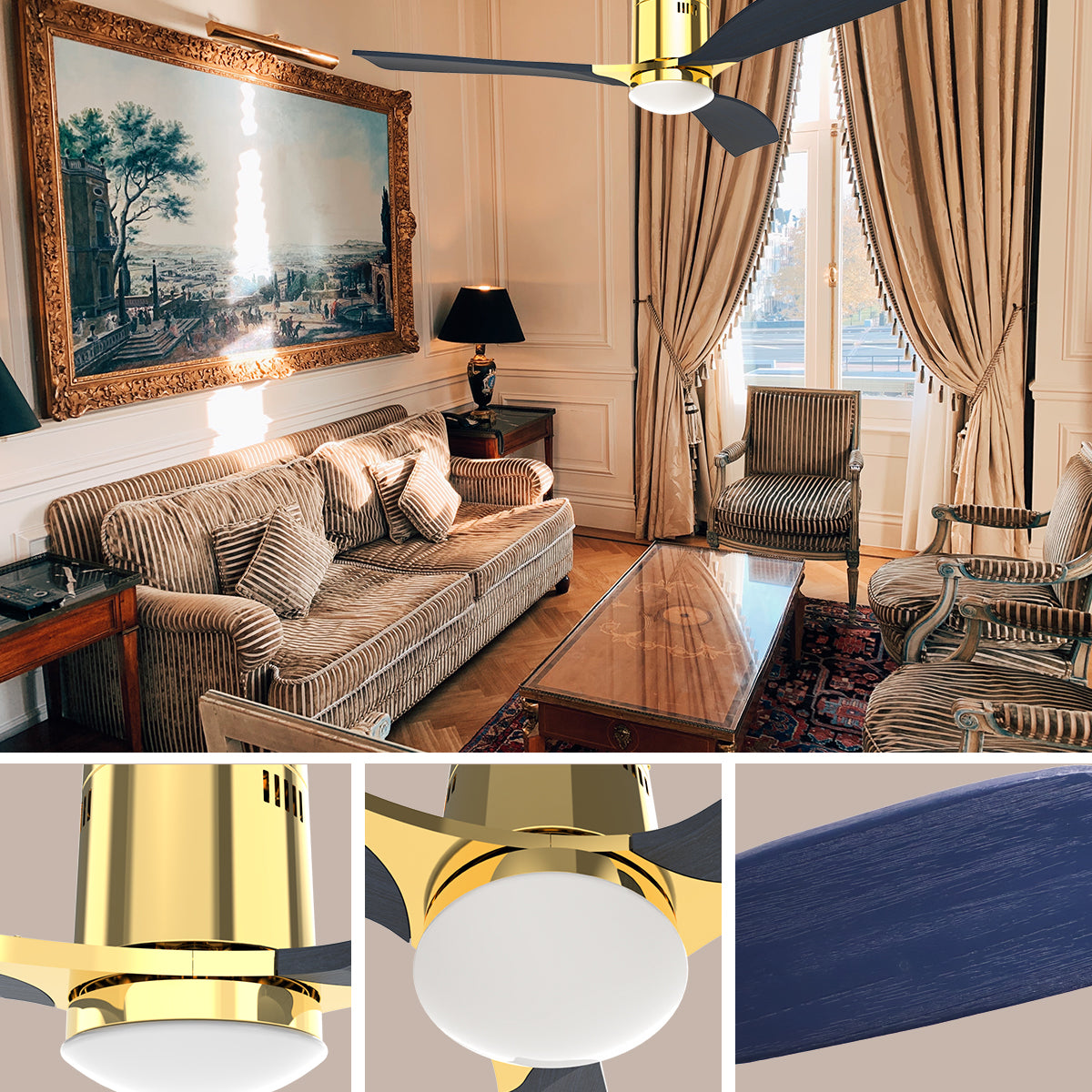 52" Indoor Solid Wood Bright Gold Morden Ceiling Fan With Light With Remote Control