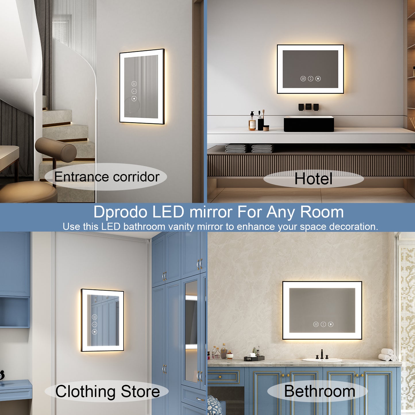 32'' W x 24'' H LED Bathroom Mirror, Black Framed, Fog Free, Dimmable, Front Light & Backlit