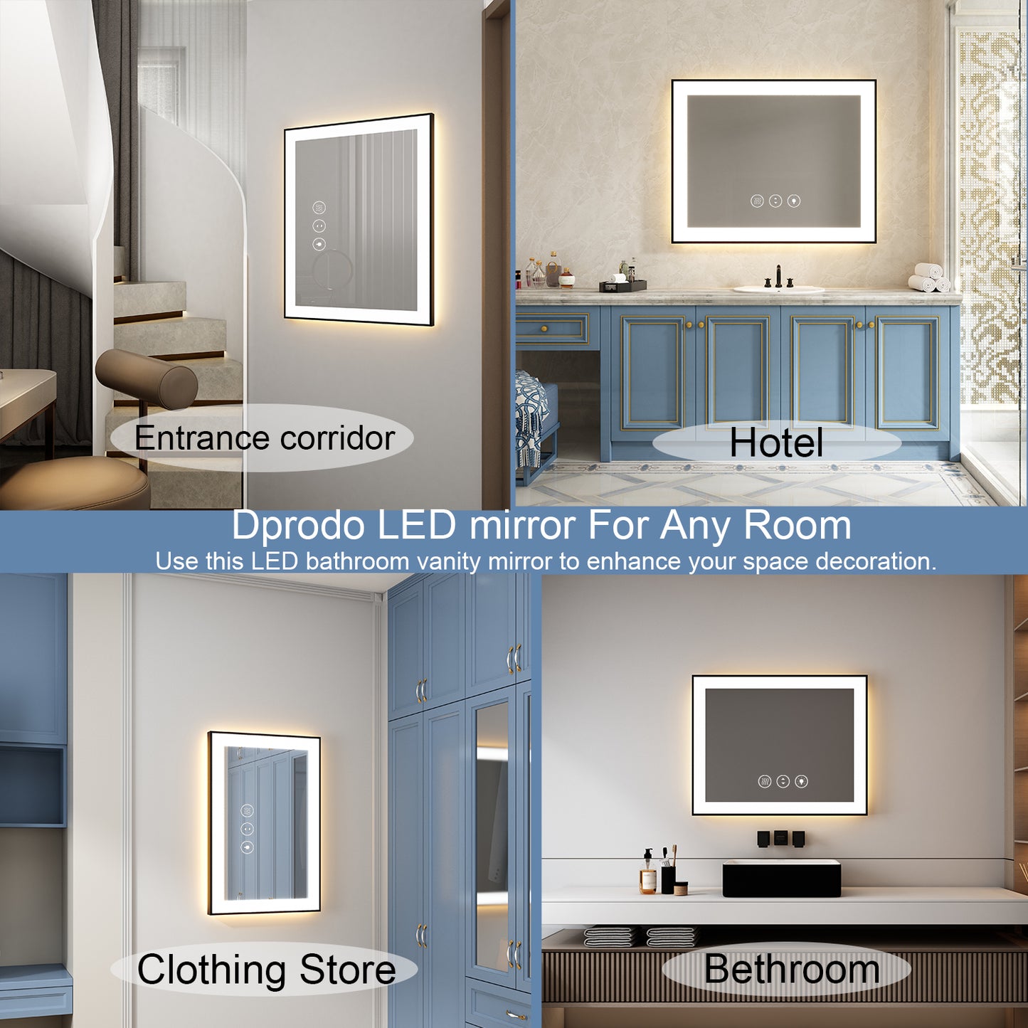 36'' W x 24'' H LED Bathroom Mirror, Fog Free, Dimmable, Black Frame, Front Light & Backlit