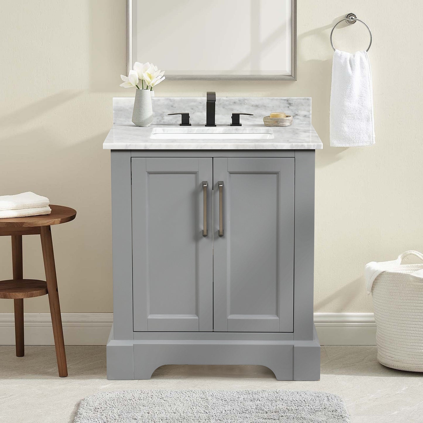 30 Inch Single Solid Wood Bathroom Vanity Set, with Drawers, Carrara White Marble Top, 3 Faucet Hole