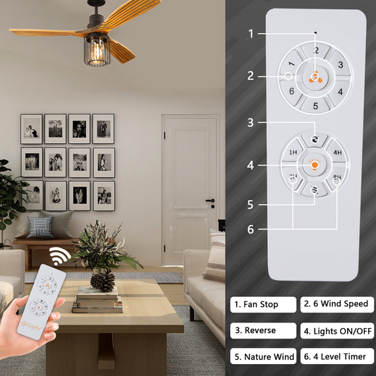 52" Indoor Solid Wood Matte Black Cage Shade Retro Ceiling Fan With Light With Remote Control