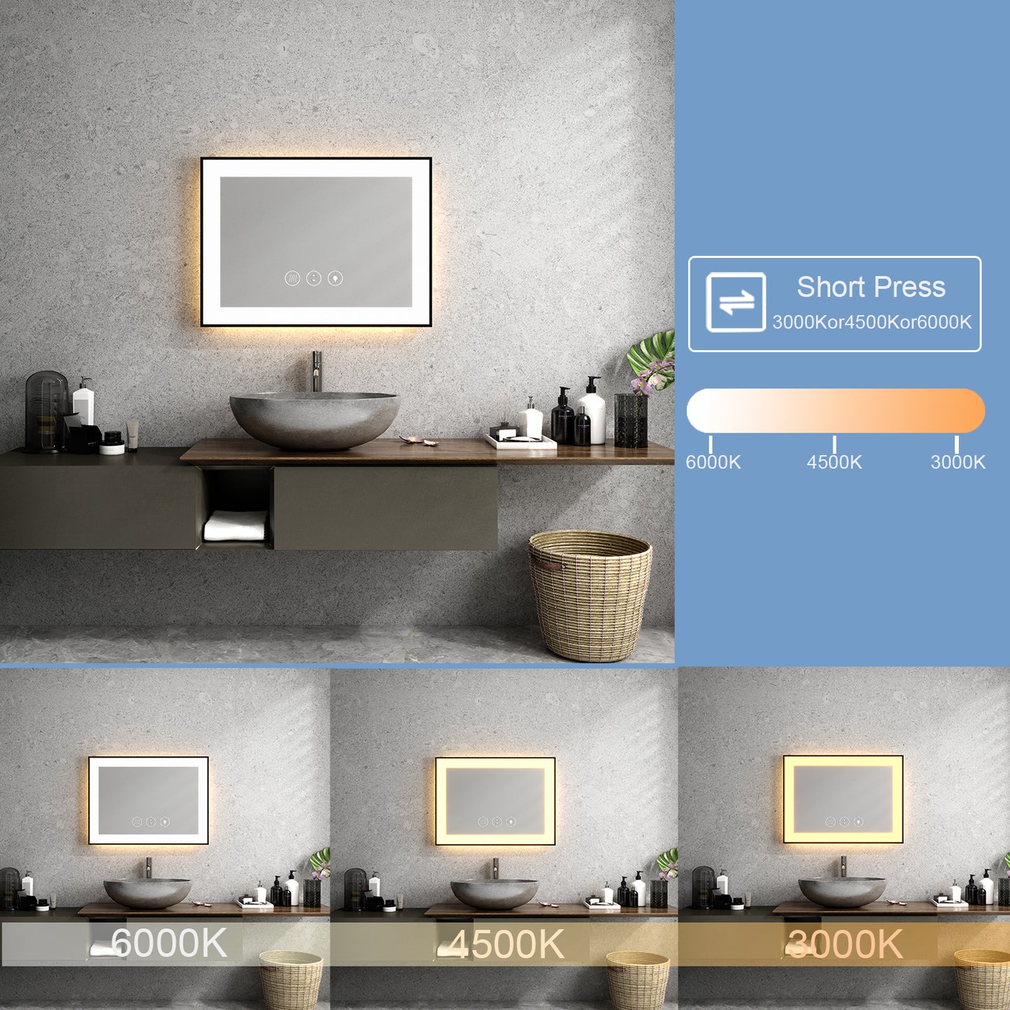 32'' W x 24'' H LED Bathroom Mirror, Black Framed, Fog Free, Dimmable, Front Light & Backlit