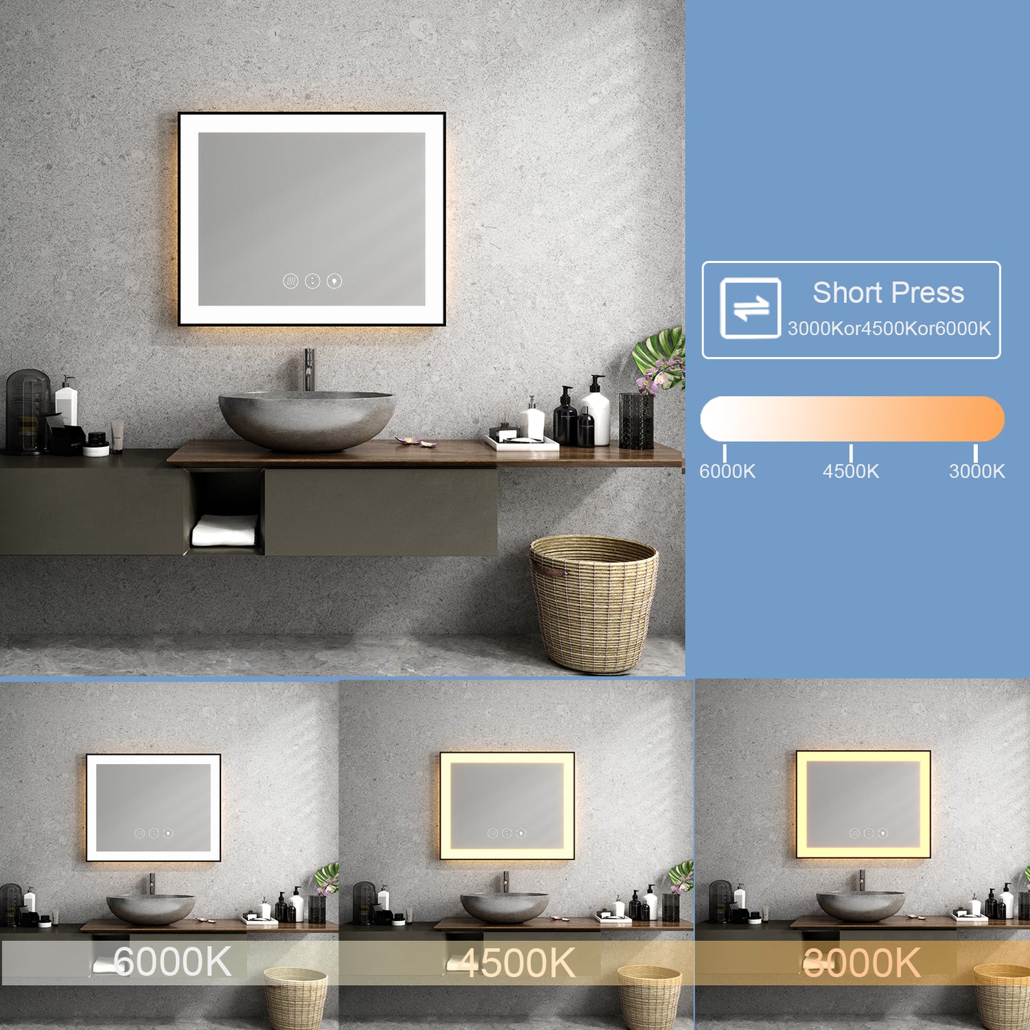 36'' W x 24'' H LED Bathroom Mirror, Fog Free, Dimmable, Black Frame, Front Light & Backlit