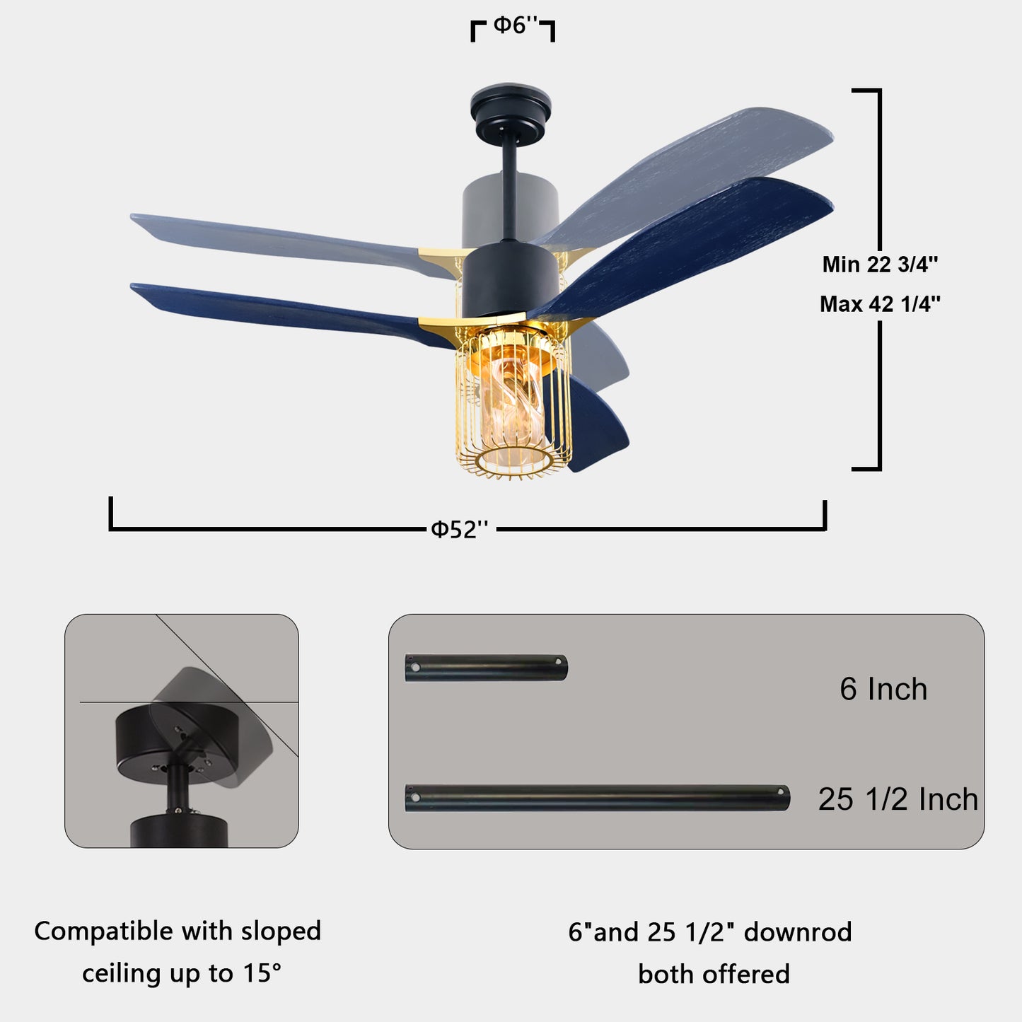 52" Indoor Solid Wood Matte Black Bright Gold Morden Ceiling Fan With Light And Remote Control