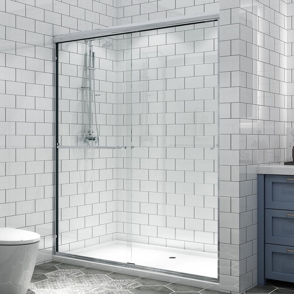 60 in. W x 70 in. H Sliding Framed Shower Door in Chrome Finish with Clear Glass