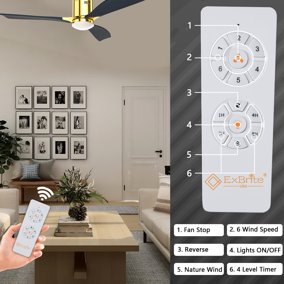 52" Indoor Solid Wood Bright Gold Morden Ceiling Fan With Light With Remote Control