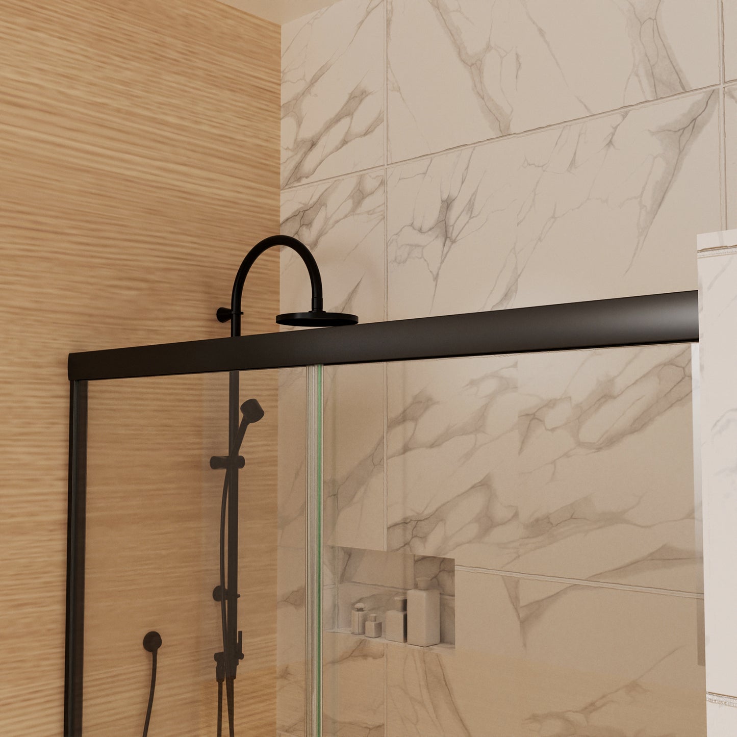 Toolkiss Semi Frameless Sliding Shower Door Shower Base Kit, Double Sliding, Matte Black