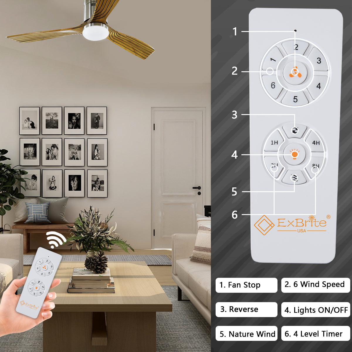 52" Indoor Solid Wood Brushed Nickel Wooden Morden Ceiling Fan With Light With Remote Control