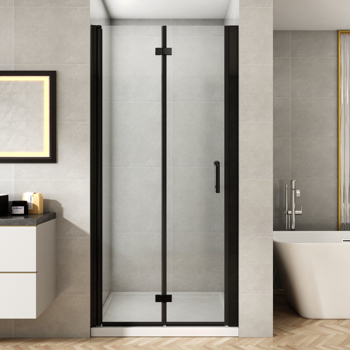 36-37 1/4'' in. W x 72 in. H Bi-Fold Minimalist Frameless Shower Door Matte Black Clear Glass