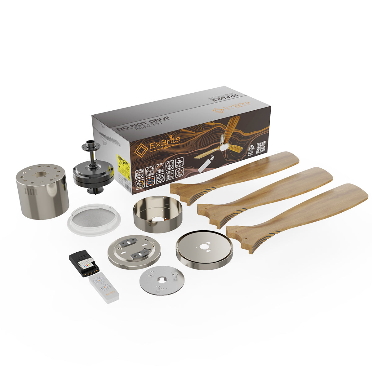 52" Indoor Solid Wood Brushed Nickel Wooden Morden Ceiling Fan With Light With Remote Control