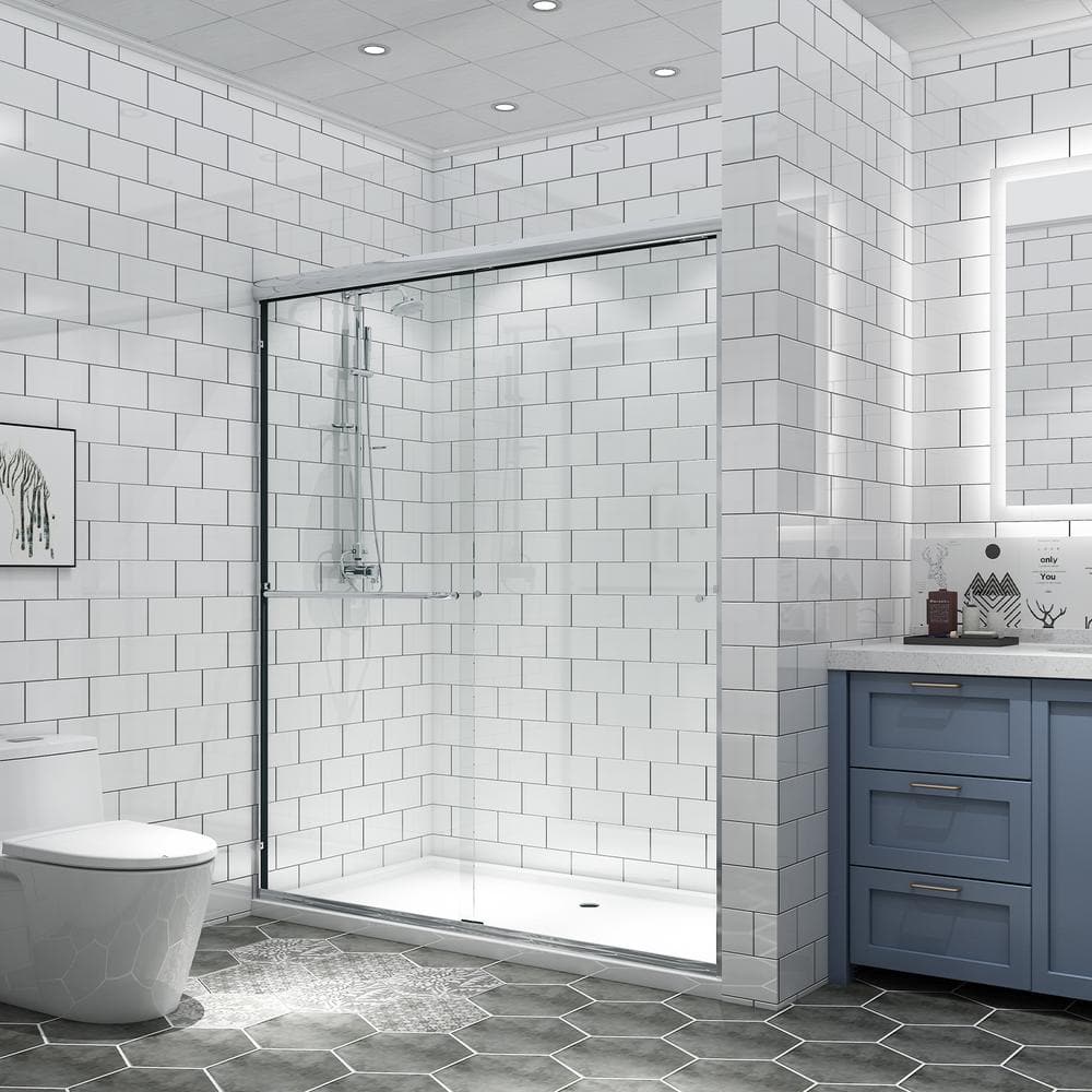 60 in. W x 70 in. H Sliding Framed Shower Door in Chrome Finish with Clear Glass