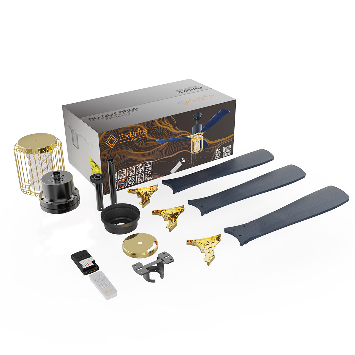 52" Indoor Solid Wood Matte Black Bright Gold Morden Ceiling Fan With Light And Remote Control